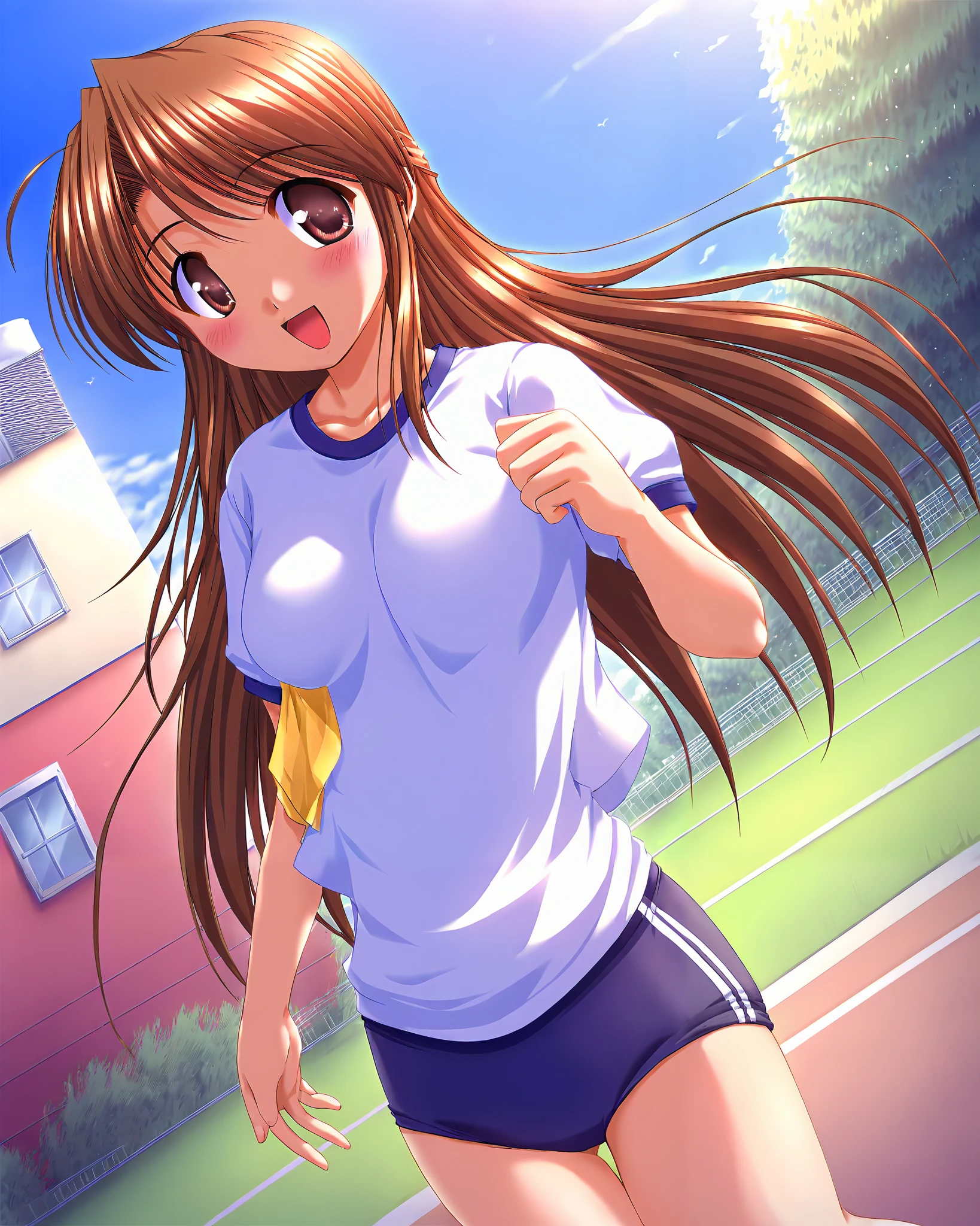 Alone, one girl, Honami Fujieda, (cowboy shot), brown eyes, yellow eyes, brown hair, stupid hair, bungs, side lock, long hair per person, hair bun, single hair bun, small breasts, cleavage, gym clothes, (black buruma), (I'm fascinated:1.1), (smile), (shy:1.1), (running), (outdoor), score_9, score_8_up , score_7_up , source_anime, best quality