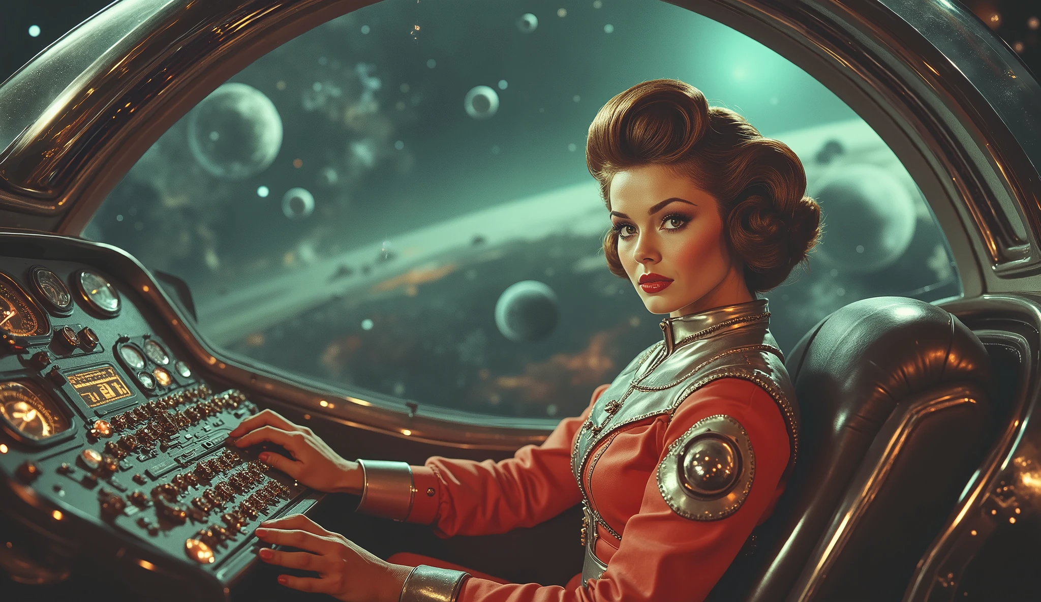 A fearless yet glamorous female pilot in a retro-inspired flight suit with metallic shoulder pads, high boots, and a perfectly styled victory roll hairstyle. She confidently grips the controls of a sleek, chrome spaceship with a panoramic glass dome cockpit, revealing a stunning cosmic view of galaxies and floating asteroids. The dashboard is lined with glowing buttons and vintage-style analog dials, blending 50s aesthetics with advanced technology.