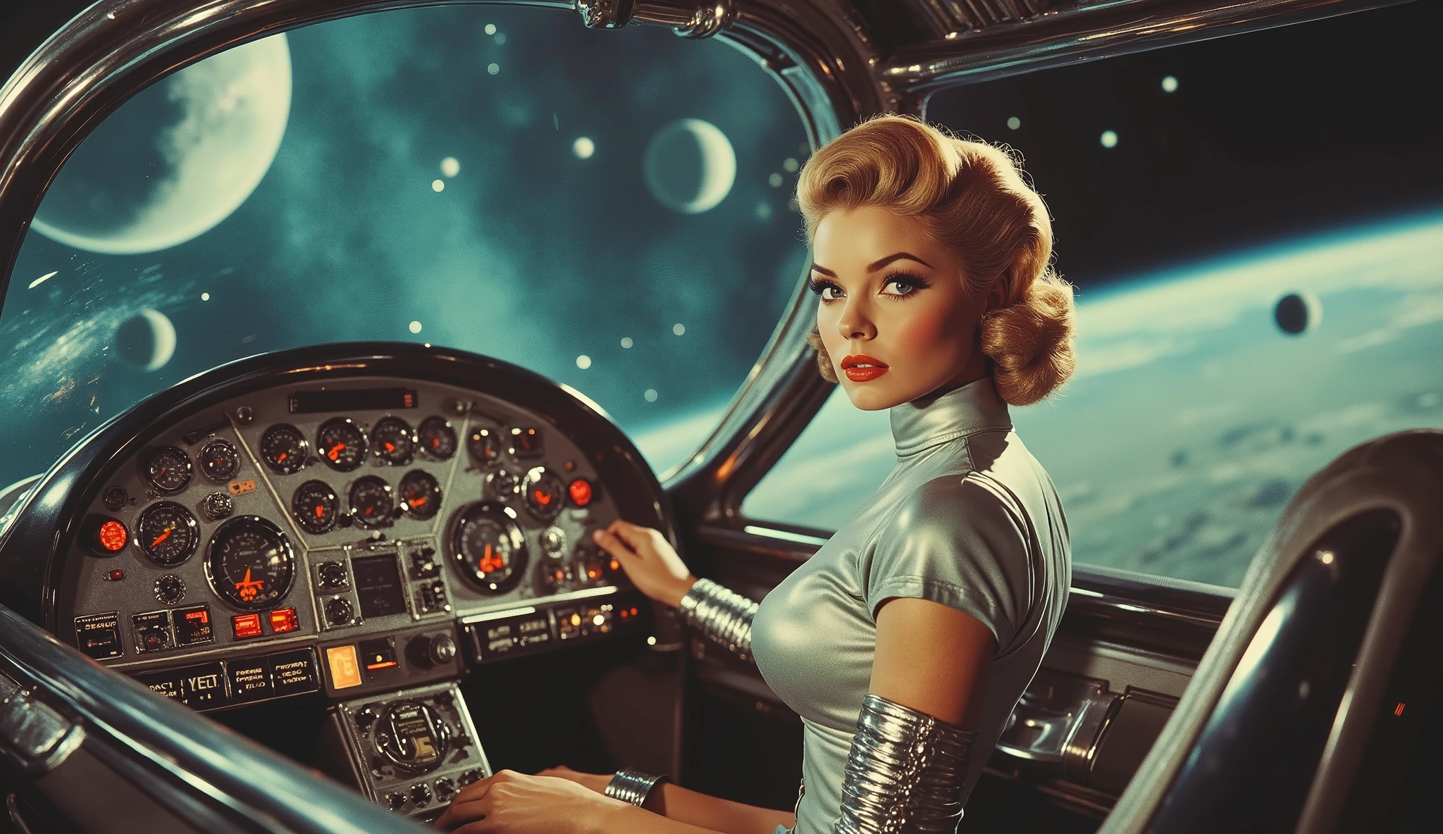 A fearless yet glamorous female pilot in a retro-inspired flight suit with metallic shoulder pads, high boots, and a perfectly styled victory roll hairstyle. She confidently grips the controls of a sleek, chrome spaceship with a panoramic glass dome cockpit, revealing a stunning cosmic view of galaxies and floating asteroids. The dashboard is lined with glowing buttons and vintage-style analog dials, blending 50s aesthetics with advanced technology.