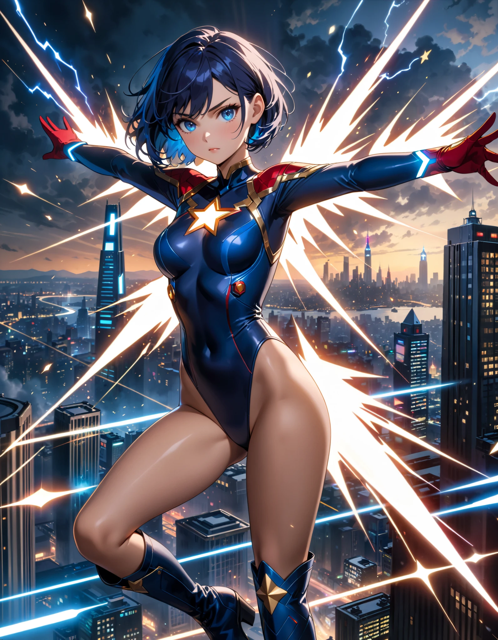 masterpiece, best quality, 1girl, superhero, ((leotard, dark blue leotard)), long sleeves, bare legs, boots, dark blue boots, matching boots, medium breasts, diffraction spikes, light particles, standing, standing straight, dark blue hair, ((short hair, bob hair)), blue eyes, beautiful detailed eyes, beautiful detailed face, cute face, (perfect hands, complete fingers, perfect anatomy, perfect proportions), heroic, ((star symbol on the chest)), serious, full body with costume, full body, cowboy shot, ((raised arms, spins fast in place like a tornado, she spins at an incredible speed, creating a whirlwind of air around her, cyclone spinning)), ((spiral lines, spinning energy pulse around her)). Curved Sword Slash.