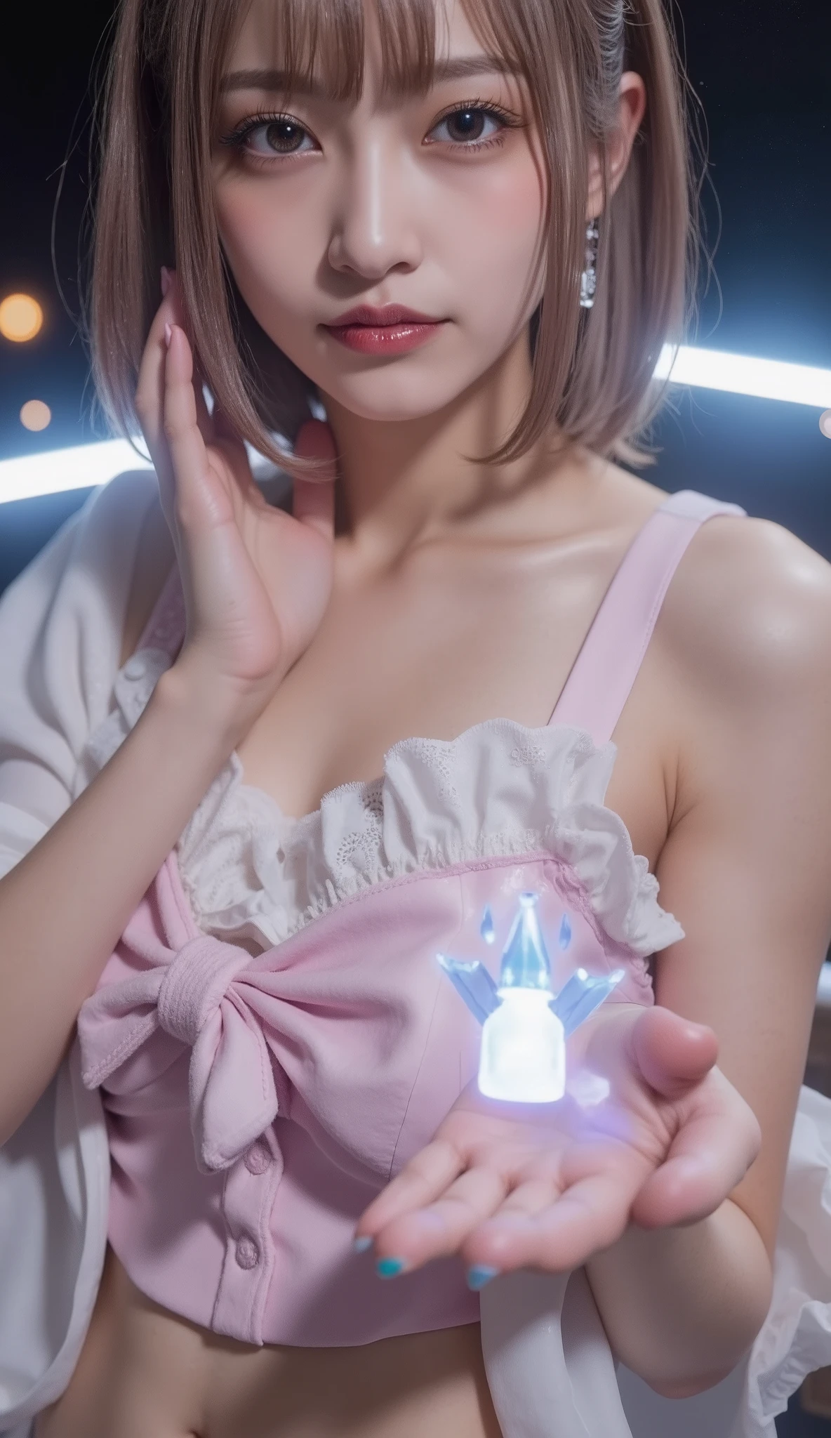 (((Correct sex education))), (Sexy 3D Hologram:1.2, bright colors:1.2), (tech vibe:1.2), (detailed hands:1.2, perfect right hand:1.1,), The sci-fi aesthetic ,SOFT LIGHTING, full body, ((Outfits that accentuate the chest:1.2)), scene in the palm of a person's hand is real and beautiful,Highlighting a digital face, (idol face、:1.4), beautiful small face, Moisturized Sexy Lips, medium hair, two side up, dark eyes, cute girl's real and beautiful body, slender body line, Tight Waist, thin thighs, beautiful feet, (perfect anatomy:1.3)