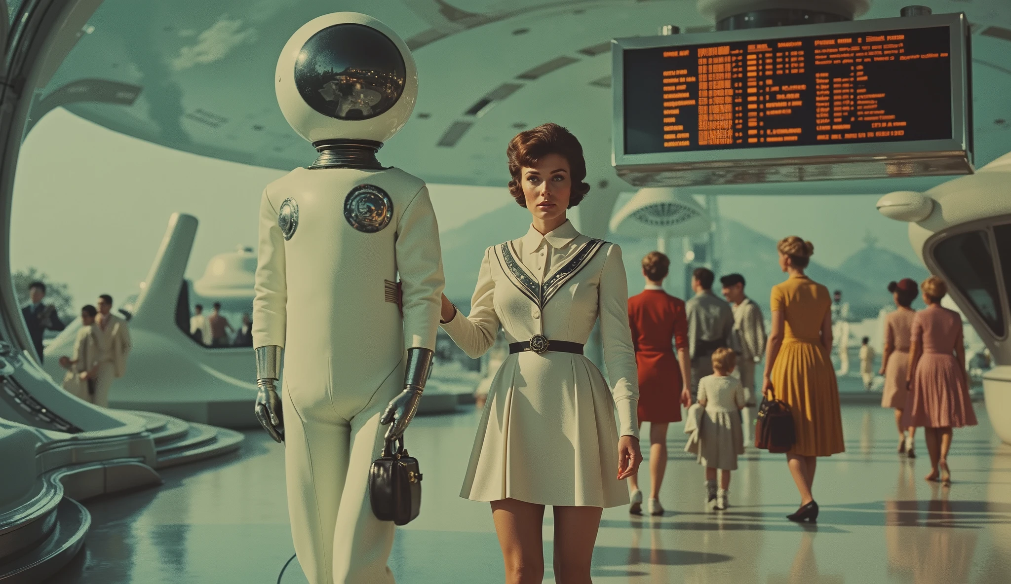 A sophisticated woman in a sleek, vintage-inspired space suit, walking confidently through a futuristic spaceport. Her luggage levitates beside her, while stylish passengers in 50s-style sci-fi couture board elegant, rocket-shaped space cruisers. The departure board glows with exotic planetary destinations, and a retro-futuristic flight attendant in a bubble helmet welcomes travelers aboard.
