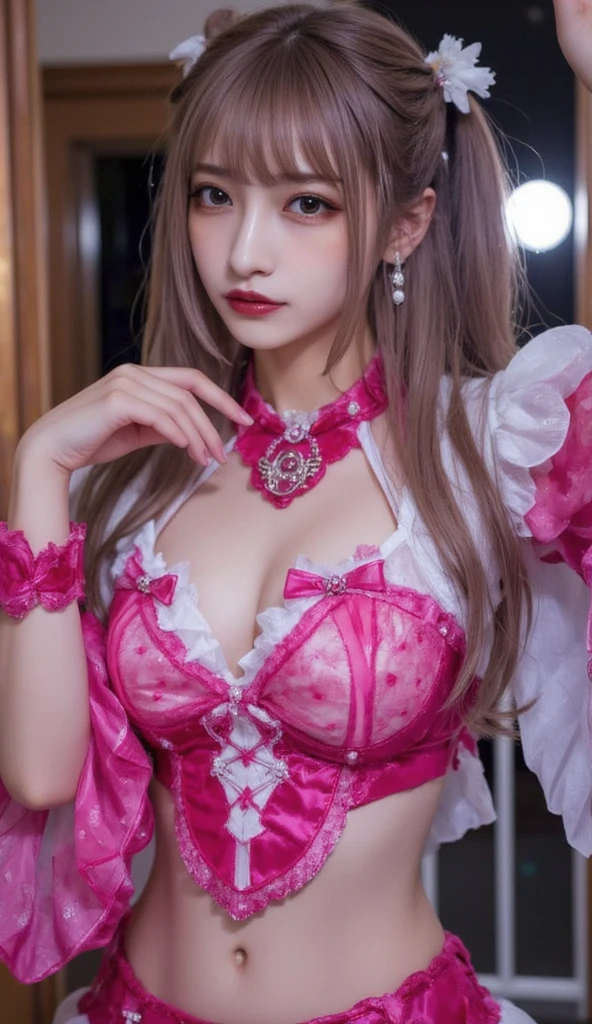 ((best quality)),absurdres,(ultra high res), a woman in a corset-style mini dress with statement sleeves, posing for picture, perfect female body, extremely detailed, (realistic), (8k), (Masterpiece), (realistic skin texture), wearing PINK