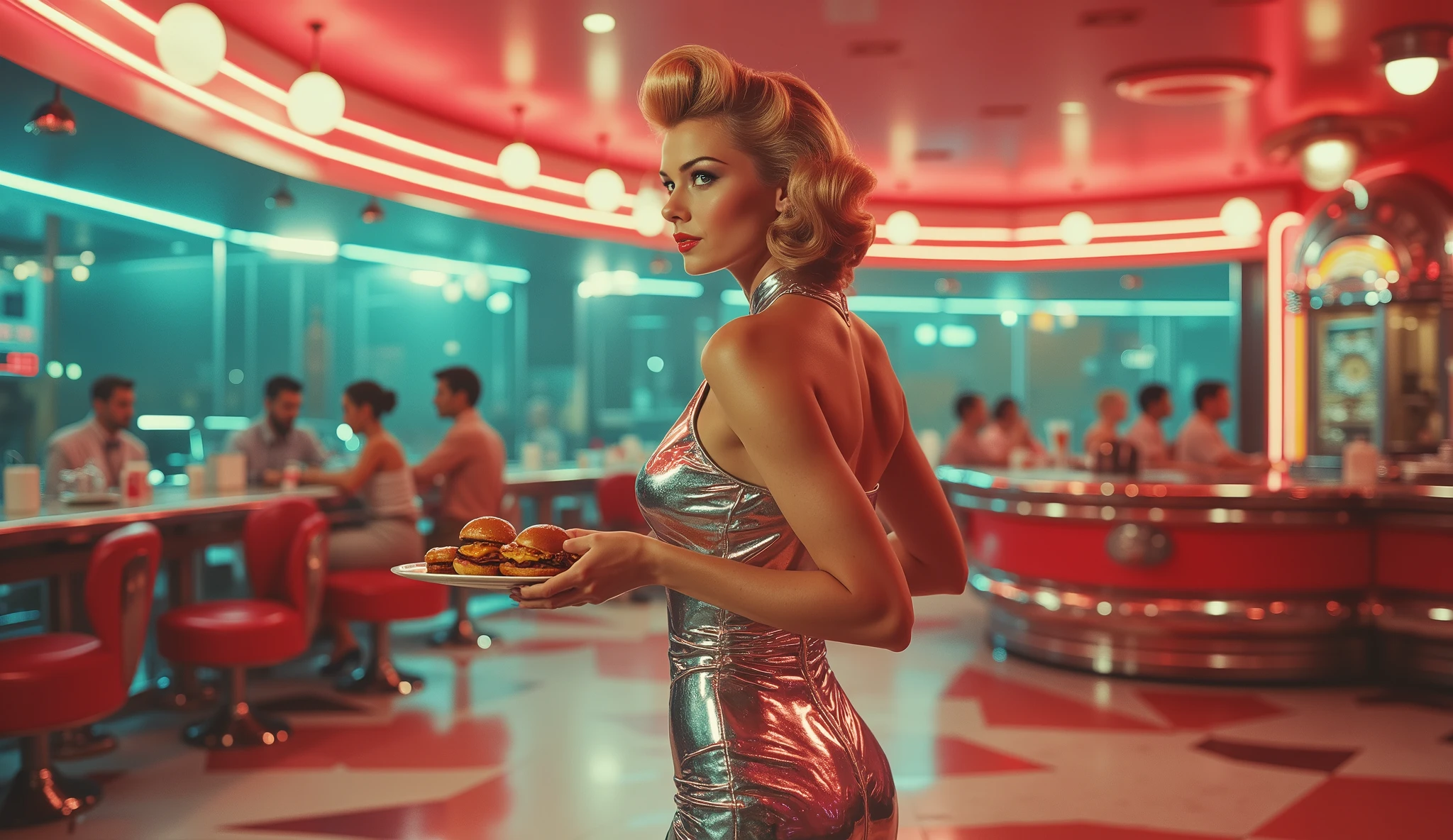 A stunning 50s-inspired waitress in a metallic retro uniform, skating between floating tables in a futuristic drive-in diner. The neon-lit sky glows above as she serves hovering burgers and glowing milkshakes. A sleek chrome jukebox plays vintage rock’n’roll, and stylish retro-futuristic customers chat in floating booths while robotic cooks flip burgers behind the counter.