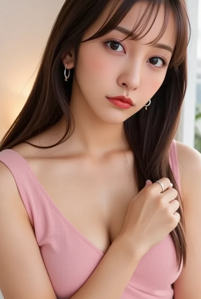 Beautiful woman taking selfies in loungewear with small breasts股をひろげて