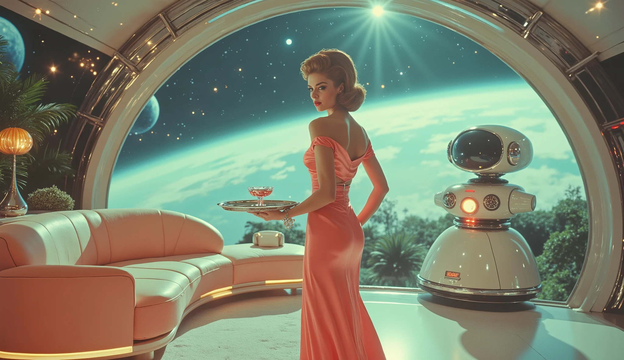 A glamorous 50s-inspired woman stands on the balcony of her futuristic Moon home, wearing a silk space robe that flows in zero gravity. Her home is a sleek, glass-domed paradise with a floating garden and pastel-colored furniture with chrome finishes. Through the curved windows, Earth shines in the distance. A robotic butler hovers nearby, holding a tray with a neon cocktail.