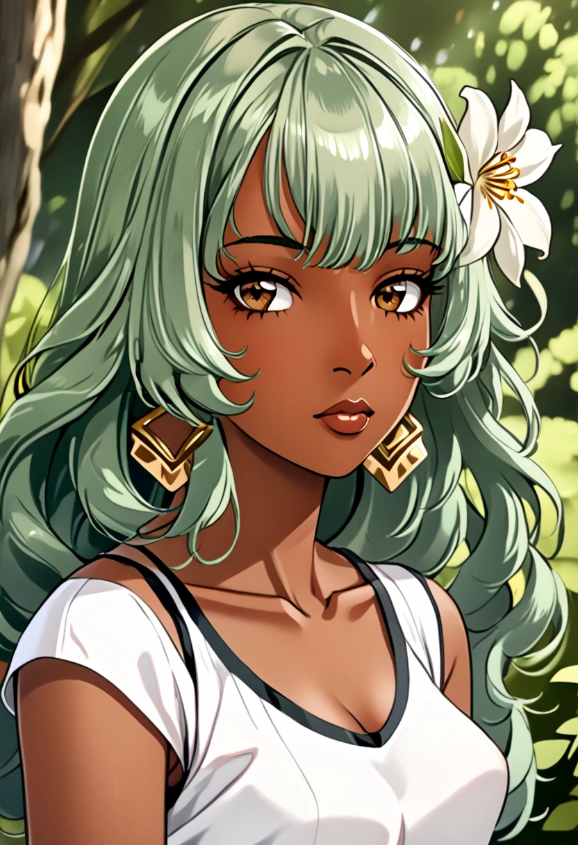 Tan skin girl amber eyes long dark green hair half shaved head