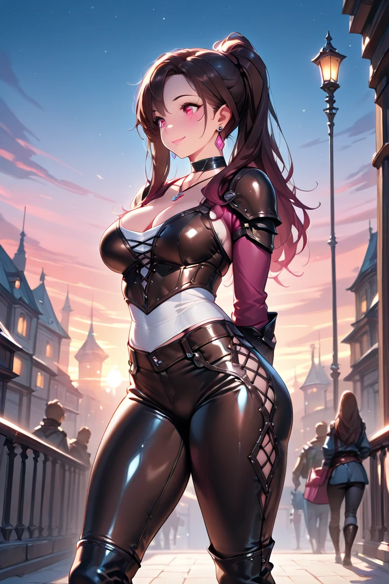 one Rebecca wearing pink lingerie with gold accents, mature woman, long brown hair, blue eyes, sexy hourglass figure, standing outside, the London Eye in the background, [ 4 k digital art ]!!, seductive anime girl, deviantart artstation cgscosiety, trending on cgstation, 8k high quality detailed art, photorealistic anime girl render, kawaii hq render, commission for high res, thicc