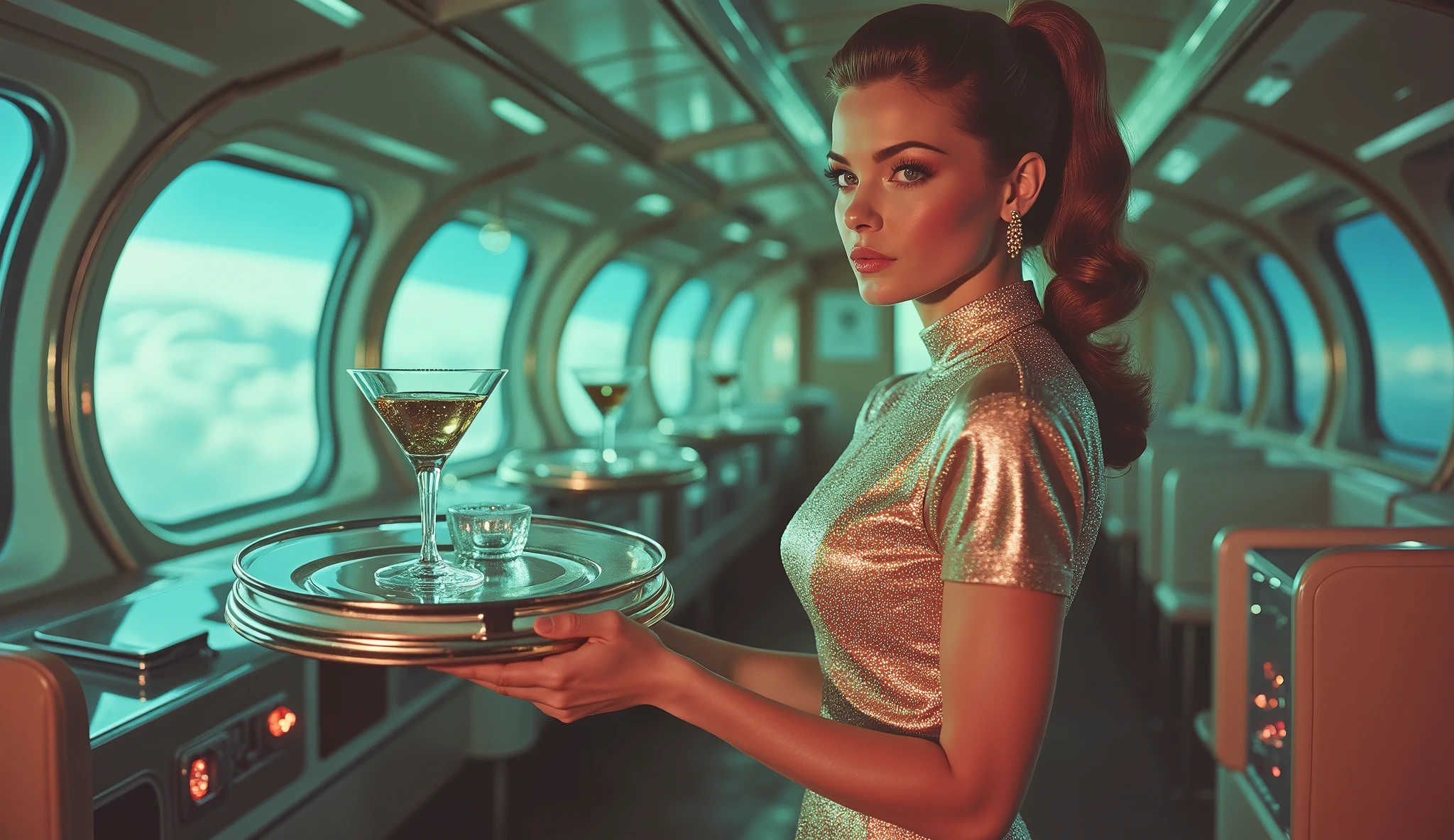 A breathtaking retro-futuristic flight attendant in a shimmering, form-fitting uniform with elegant chrome accents and a sleek, high ponytail. She welcomes passengers aboard a luxury space liner with a glowing boarding pass in hand. The interior is a mix of 50s airline aesthetics and futuristic design—curved glass windows reveal the vastness of space, while hovering drink trays serve neon cocktails.