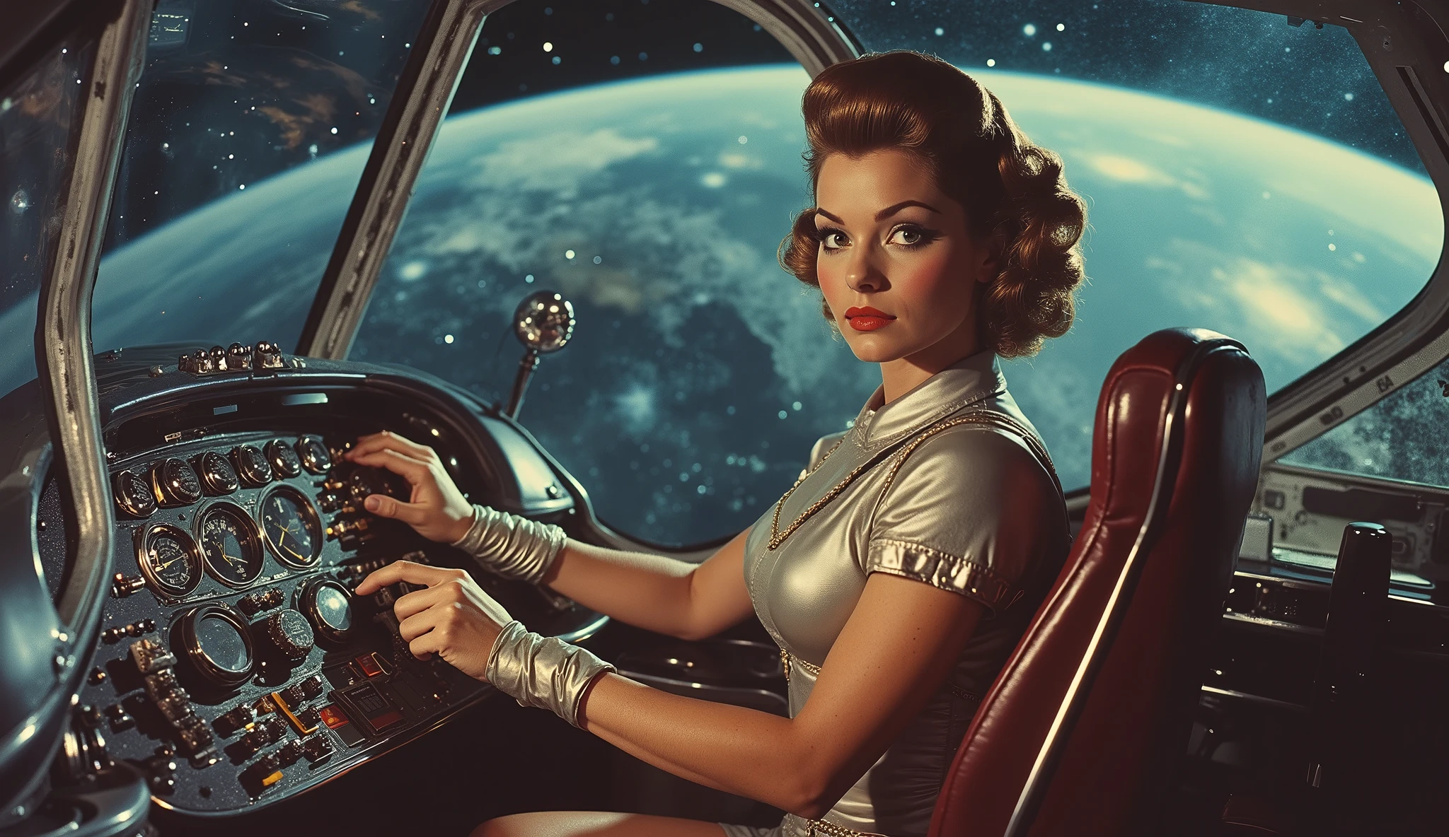 A fearless yet glamorous female pilot in a retro-inspired flight suit with metallic shoulder pads, high boots, and a perfectly styled victory roll hairstyle. She confidently grips the controls of a sleek, chrome spaceship with a panoramic glass dome cockpit, revealing a stunning cosmic view of galaxies and floating asteroids. The dashboard is lined with glowing buttons and vintage-style analog dials, blending 50s aesthetics with advanced technology.