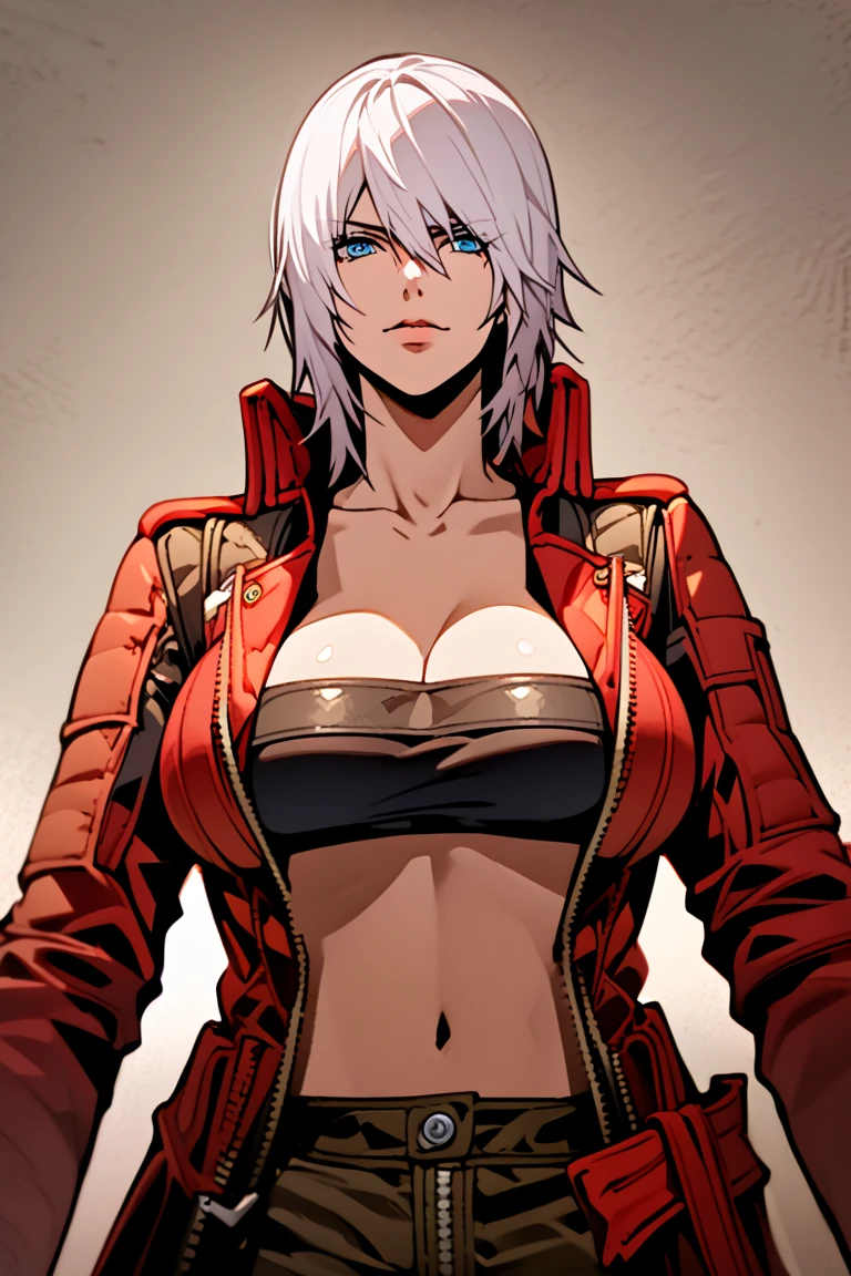 score_9, score_8_up, score_7_up, 1girl, solo, female focus,dmc3dante, white hair, medium hair, blue eyes, red coat, bandeau, fingerless gloves, pants, breasts, standing, sexy expression, grin, taking off jacket, off shoulders, looking at you, hell, desolated place,
