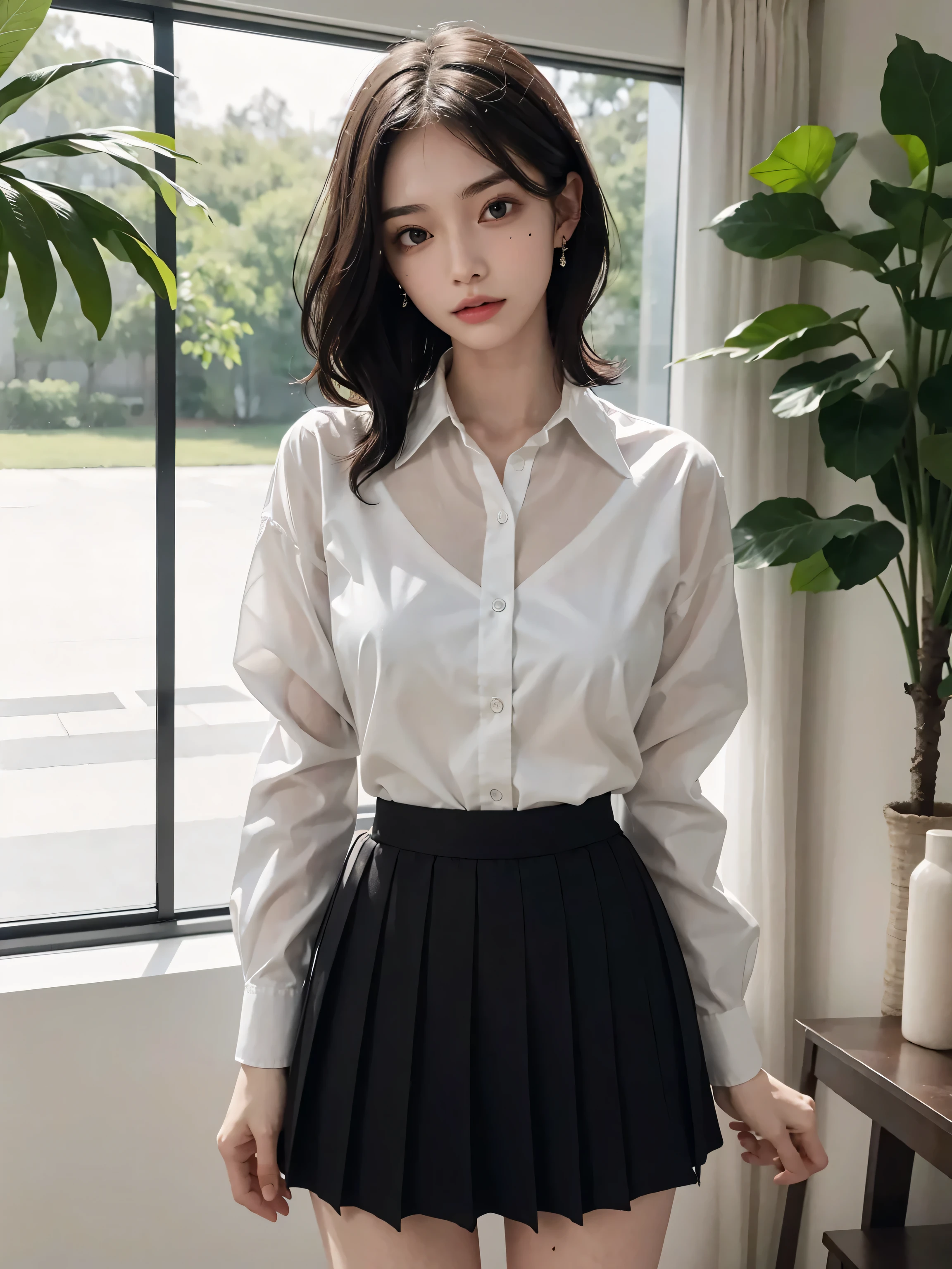 absurdres, RAW photo, extremely delicate and beautiful, masterpiece, Best Quality, ultra high resolution, 32k, hyperrealistic, ultra-detailed, perfect anatomy, super Detailed skin, perfect figure, Super Beauty, Perfect Style, Perfect balance, Beautiful Lighting, Perfect Lightning, Realistic Shadows, 20 years old, very Slim body, narrow waist, very small head, very small face, delicate facial features, handsome detailed woman, very detailed eyes and face, realistic face proportions, Realistic beautiful face, Realistic beautiful eyes, tearful mole, earring, very huge round breasts, legs, medium hair, whole body shot, indoor, school_uniform, dress shirt, pleated skirt,