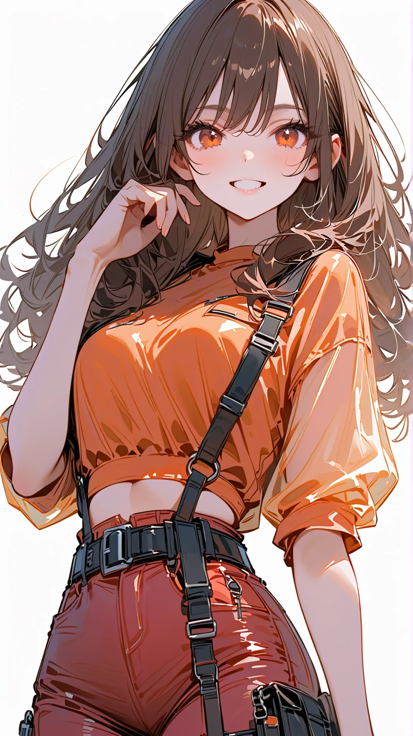 Best quality, masterpiece, stoic, flexes bicep, very long hair, brown hair, (((swept bangs))), brown eyes, strapless pink shirt with yellow pocket, jeans, satchel, sneakers, small breasts, toned arms,