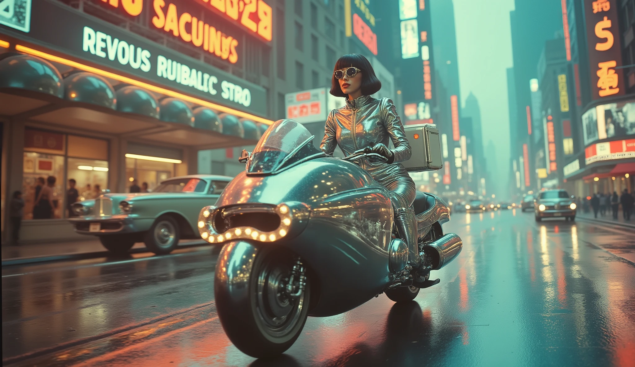 A sleek, confident woman in a shimmering chrome suit, delivering futuristic packages on a stylish, streamlined hoverbike. Her outfit is a perfect blend of vintage elegance and sci-fi aesthetics, with a tight waist, high boots, and retro goggles. Neon signs reflect on her glossy bike as she speeds through a bustling retro-futuristic cityscape, filled with domed buildings, flying cars, and holographic billboards. The atmosphere is cinematic, with soft glowing lights and a dreamy, nostalgic yet futuristic vibe.
