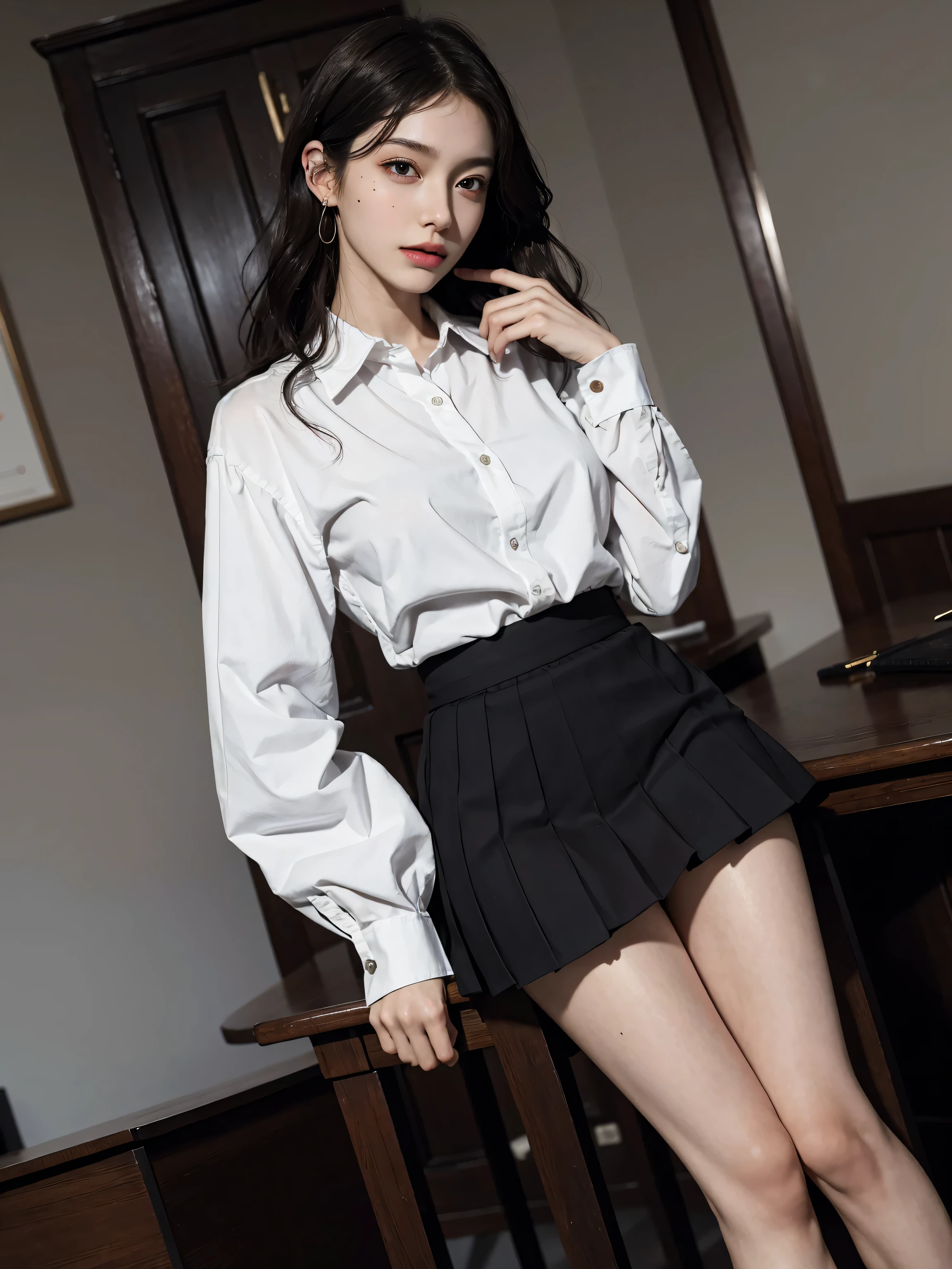 absurderes, Raw photo, Extremely delicate and beautiful, masutepiece, Best Quality, Ultra High Resolution, 16 K, hyper realisitic, Ultra-detailed, (Perfect Anatomy), super detailed skin, Perfect figure, Very detailed CG 8k wallpaper, in her 20s, Very slim body, Narrow waist, Very small head, Very small face, Delicate facial features, tear moles, Earring, thin legs, (very massive round chest), (3 girls), Full body shot, Short hair, (Wavy Hair), ((Skirt suit)),