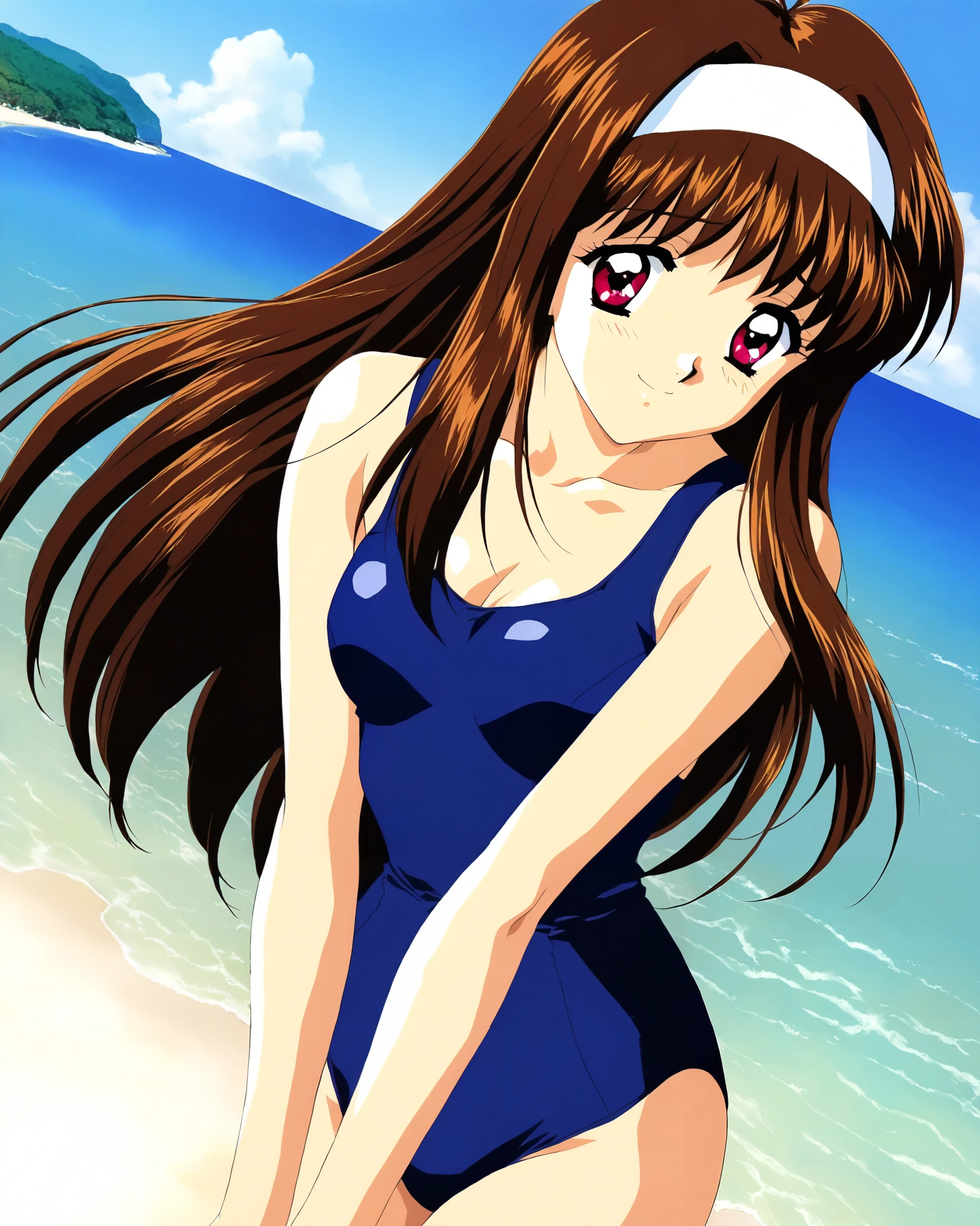 Alone, (one girl), single angle, yuuki_Mizuho, (cowboy shot), long hair, 茶色い髪, white hairband, 1990s \(style\), anime coloring, small breasts, cleavage, ( blue one-piece swimsuit), (I'm fascinated:1.1), (smile), (shy:1.1), (Seaside), score_9, score_8_up , score_7_up , source_anime, best quality