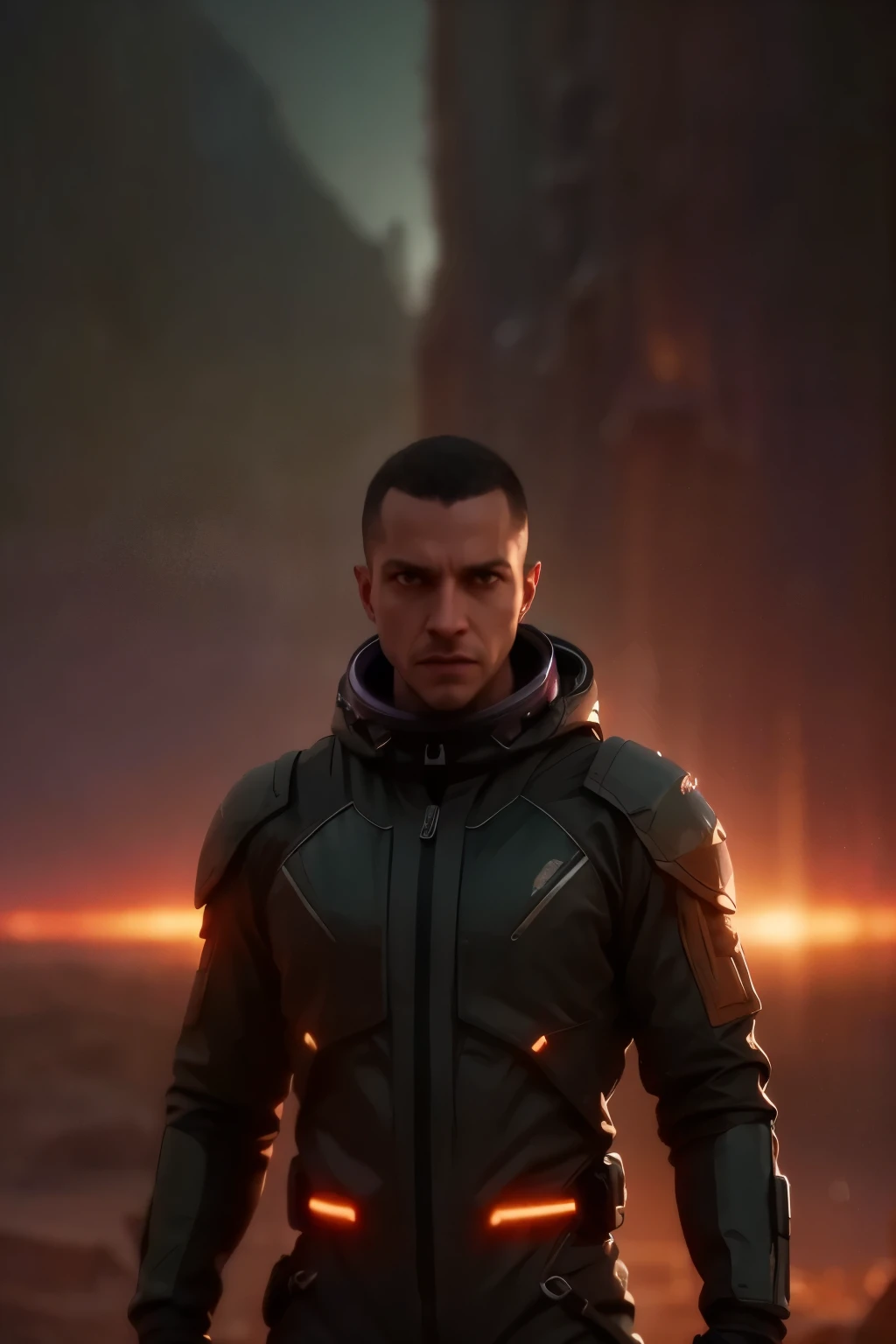 space, extreme frontier, a slender silhouette pierces the hazy purple horizon, detailed character portrait, cinematic lighting, dramatic atmosphere, glowing horizon, vibrant colors, dramatic lighting, moody sci-fi landscape, photorealistic, 8K, ultra-detailed, physically-based rendering