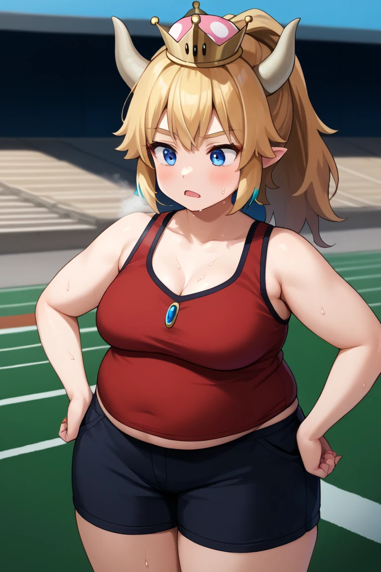 (Very high quality, detailed) A full body image of a pregnant girl wearing a sports bra, very thight shorts and glasses, she's standing barefoot and has very big breasts, long hair and a pretty thick body. She has her hands on her belly and her belly is uncovered