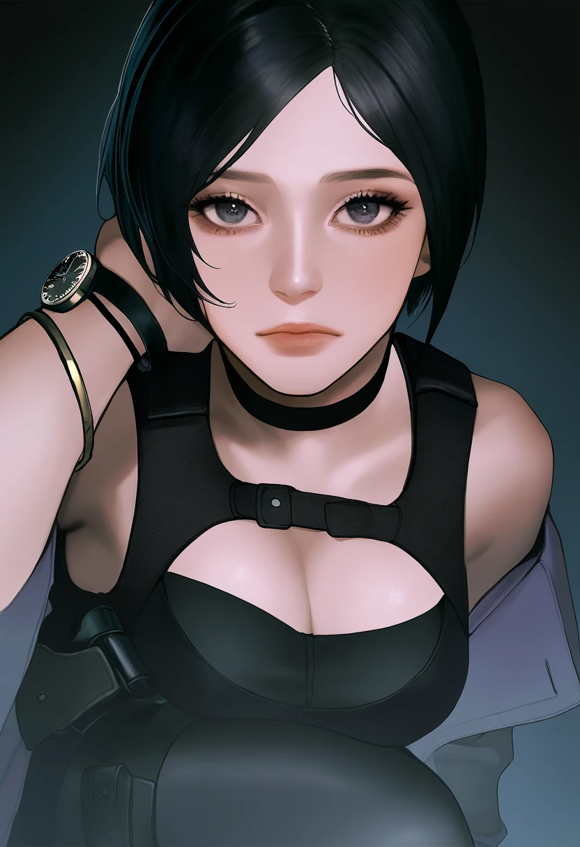 A beautiful tall woman with semi pale skin, dark brown hair in the style of a long pixie cut with white colored tips, glowing yellow eyes, a fair nose and perfect lips, wearing a black turtleneck shirt with no sleeves and black tights. She has a calm and serious expression. She has a shadowy and misty air around her and emitting from her hair. Drawn in comic book style from ((Neil Gaiman’s The Sandman)). ((Comic book style)) ((drawing)) no rendering. Simple drawing.