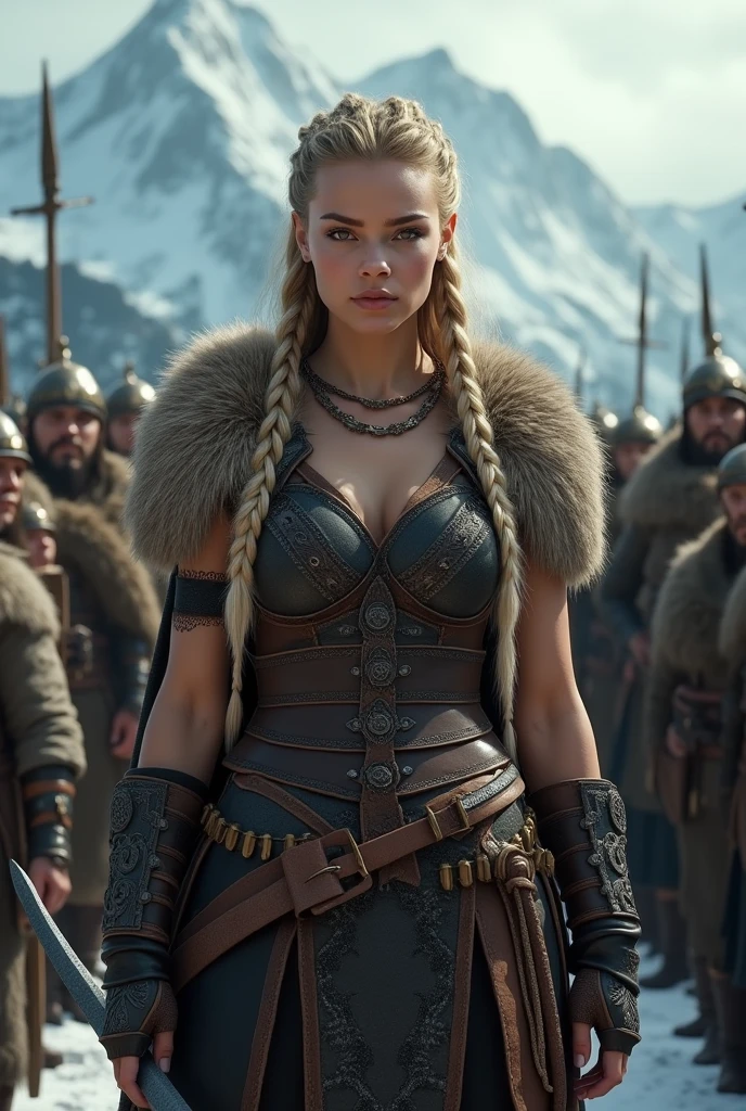 (best qualityer,Most High,ultra detali:1.2)
Beautiful Viking Lady, Leather armor with golden ruffles, long braided hair, shining blue eyes, brave face, in battle, Battle on the River, lighting sun, light particles, Corpses in the river, estilo de Tyler Shields
"Craig Mullins style