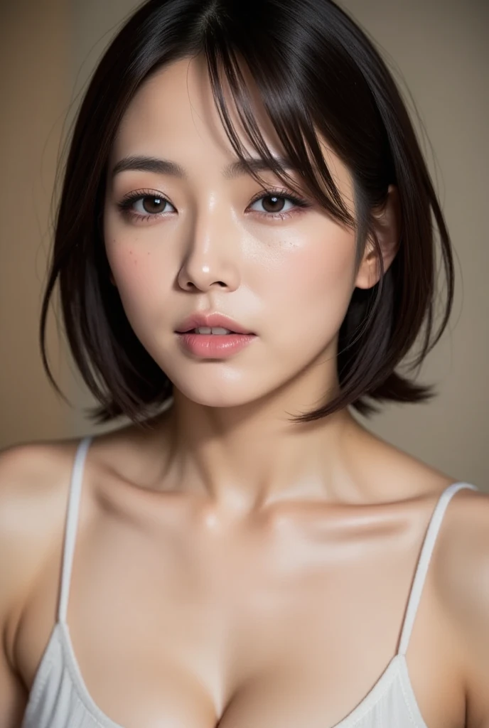 ((top-quality、8K、masterpiece:1.3))、An image that includes the entire body of a person、Crisp focus:1.2、Beautiful Women in Perfect Style:1.4、Sideways upright:1.2、full body1.2((dark brown hair、Model body type:1.2))、Standing leaning against the wall、(White button shirt:1.1)、White wall background:1.2、short-cut、Highly detailed facial and skin texture、A detailed eye、二重まぶた