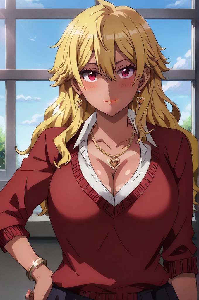 Artoria pendragon,thick lips,light eyeshadow,Detailed face,Cleavage,Curvy figure,Big breast,(Long Wavy hair),Heels,Swaying hips,Bareneck,long bail,Chocker,jewelry,wedding ring,Necklace,Hoopa earring,Hoopa bracelet,Half eyes expression,Detailed face,Curly hair,(((Open bang hair))),Blonde hair,Crossing arm,smile,Light blush,Glossy light tanned skin,Thin shoulder outfit,Short skirt,emerald eyes,Detail favmce,Detail eyes