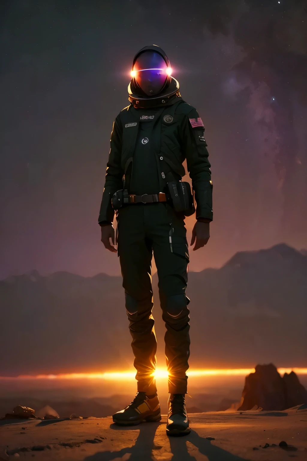 space, extreme frontier, a slender silhouette pierces the hazy purple horizon, detailed character portrait, cinematic lighting, dramatic atmosphere, glowing horizon, vibrant colors, dramatic lighting, moody sci-fi landscape, photorealistic, 8K, ultra-detailed, physically-based rendering