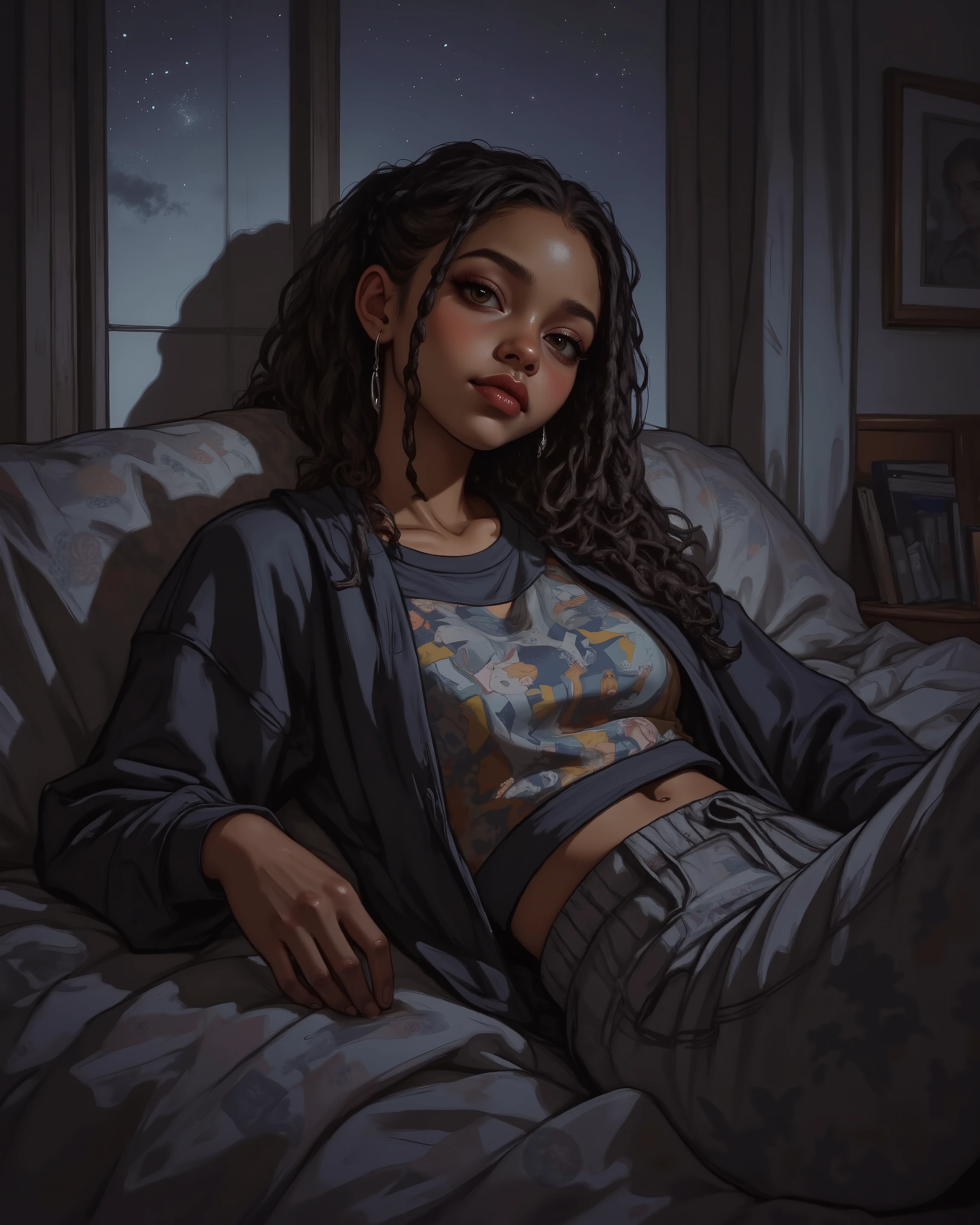 1Girl, (A girl is wearing just a pajama pants and a loose sweatshirt (With prints) that exposes her flat abdomen, black girl with braided hair and olive eyes, very small bust and a petite body), bedroom, night, dark cinematic lighting, masterpiece, best quality, digital illustration