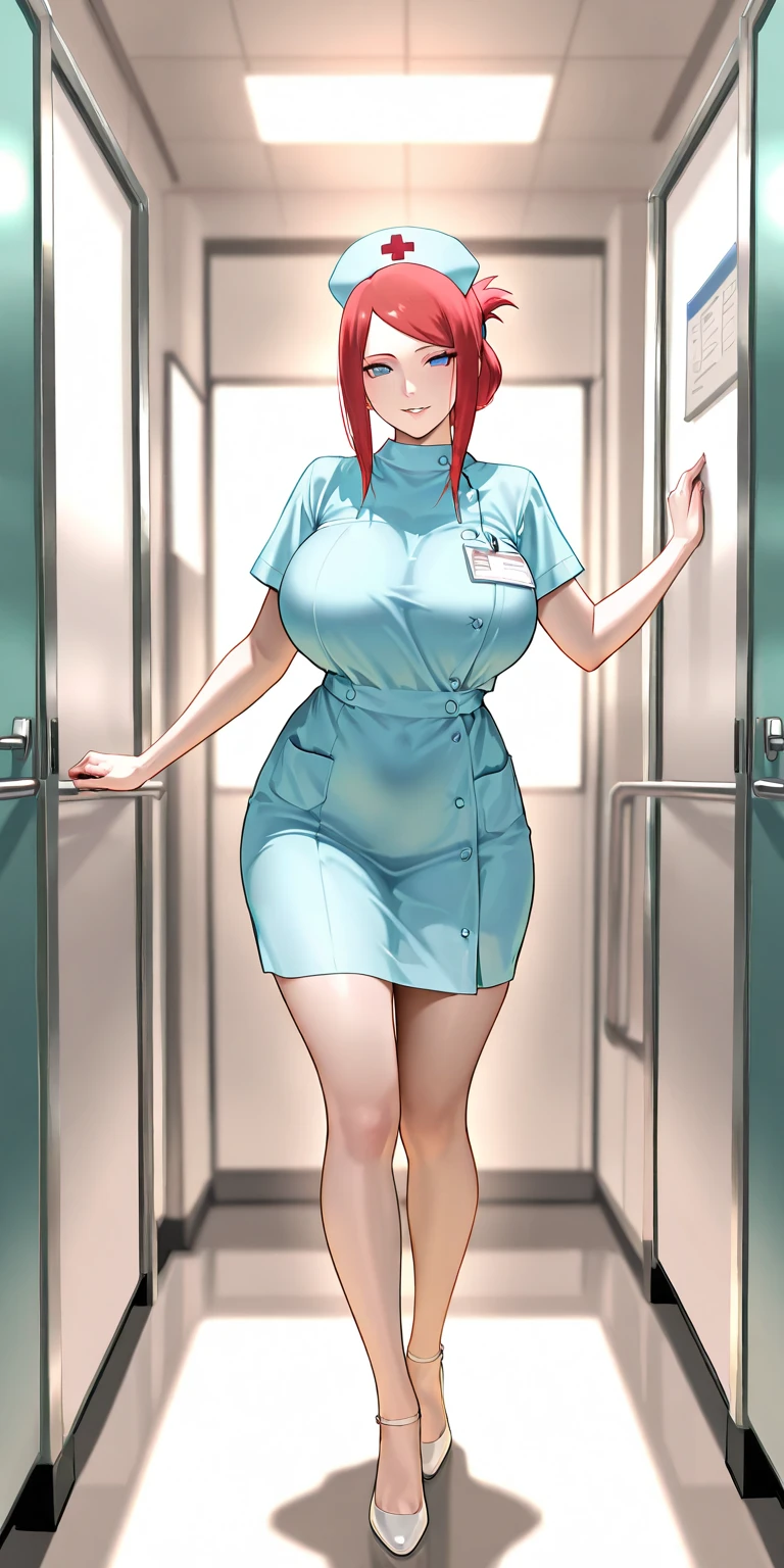 masterpiece, best quality, 1girl, <lora:Akane Ryuzoji:0.6>akane ryuzoji, red hair, blue eyes, ponytail, drill hair, blush, large breasts, nurse, garter straps, white pantyhose, walking in corridor, arms behind back, hospital, white walls, looking at viewer, from front, <lora:more_details:0.2>