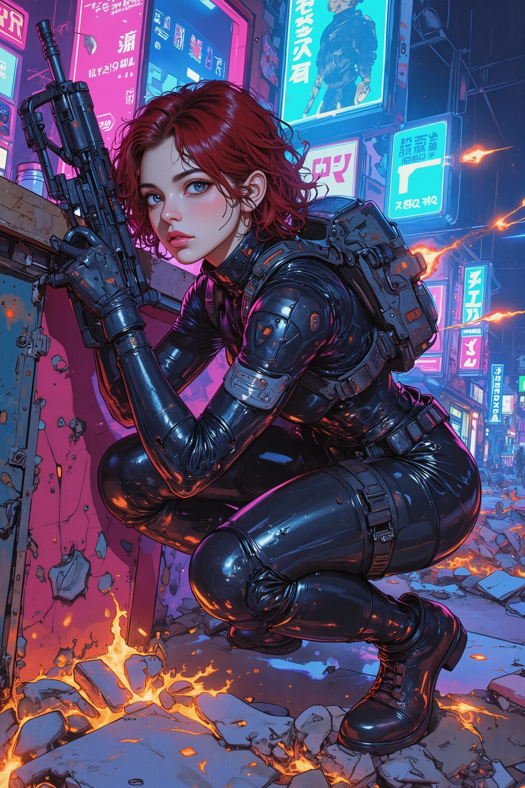 A high-resolution digital painting of a battle-hardened female soldier taking cover behind a damaged cyberpunk bar counter as glowing energy projectiles rip through the air around her. She crouches low, gripping her weapon tightly, her breath steady despite the chaos. Her sleek, form-fitting bodysuit is both tactical and flexible, reinforced with subtle armored plating that offers protection without sacrificing agility. Smooth lines and high-tech materials define her gear, blending functionality with futuristic military aesthetics.

Her piercing blue eyes scan the battlefield with sharp focus, framed by wavy, very short red hair that clings to her sweat-dampened skin. Her prominent aquiline nose and intense expression reflect years of combat experience, determination evident in every line of her face.

The background is a neon-drenched cyberpunk bar, now riddled with bullet holes, shattered glass, and flickering holographic advertisements. The vibrant blue, pink, and violet lights of the city pulse through the cracks in the ruined structure, casting a striking contrast against the burning debris and smoke rising from the firefight. The scene is drenched in cinematic lighting, emphasizing her poised yet battle-ready stance.

The art style is highly detailed digital painting, combining cyberpunk realism with dynamic sci-fi action. Expressive brushwork and sharp textures bring the intensity of the moment to life, capturing the blend of tactical precision, high-energy combat, and cyberpunk aesthetics in a gripping, immersive composition.