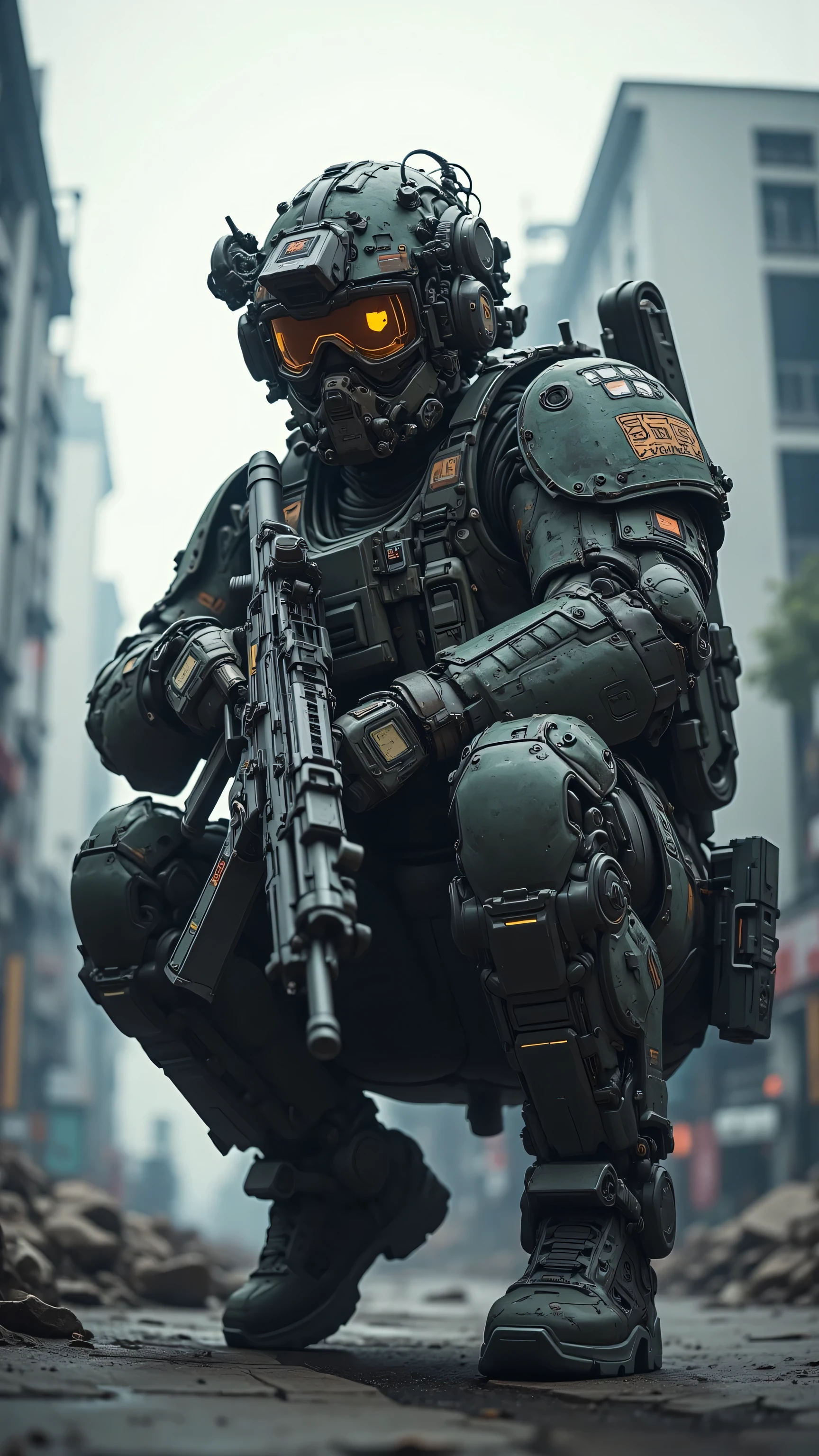 8k, Masterpiece, Top Quality, Low-angle, close-up, crouched, futuristic, soldier, heavily-armored, dark-grey, black, muted-greens, browns, camouflage, complex-helmet, heads-up-display, targeting-system, advanced-rifle, attachments, knee-pads, protective-elements, advanced-military-technology, blurred-background, urban, industrial, hazy-sky, gritty, realistic, science-fiction, near-future-military, modular-armor, plates, components, muted-palette, dark, seriousness, intensity, artist-signature, insignia, shoulder, military-branch, faction, high-detail, weight, functionality.