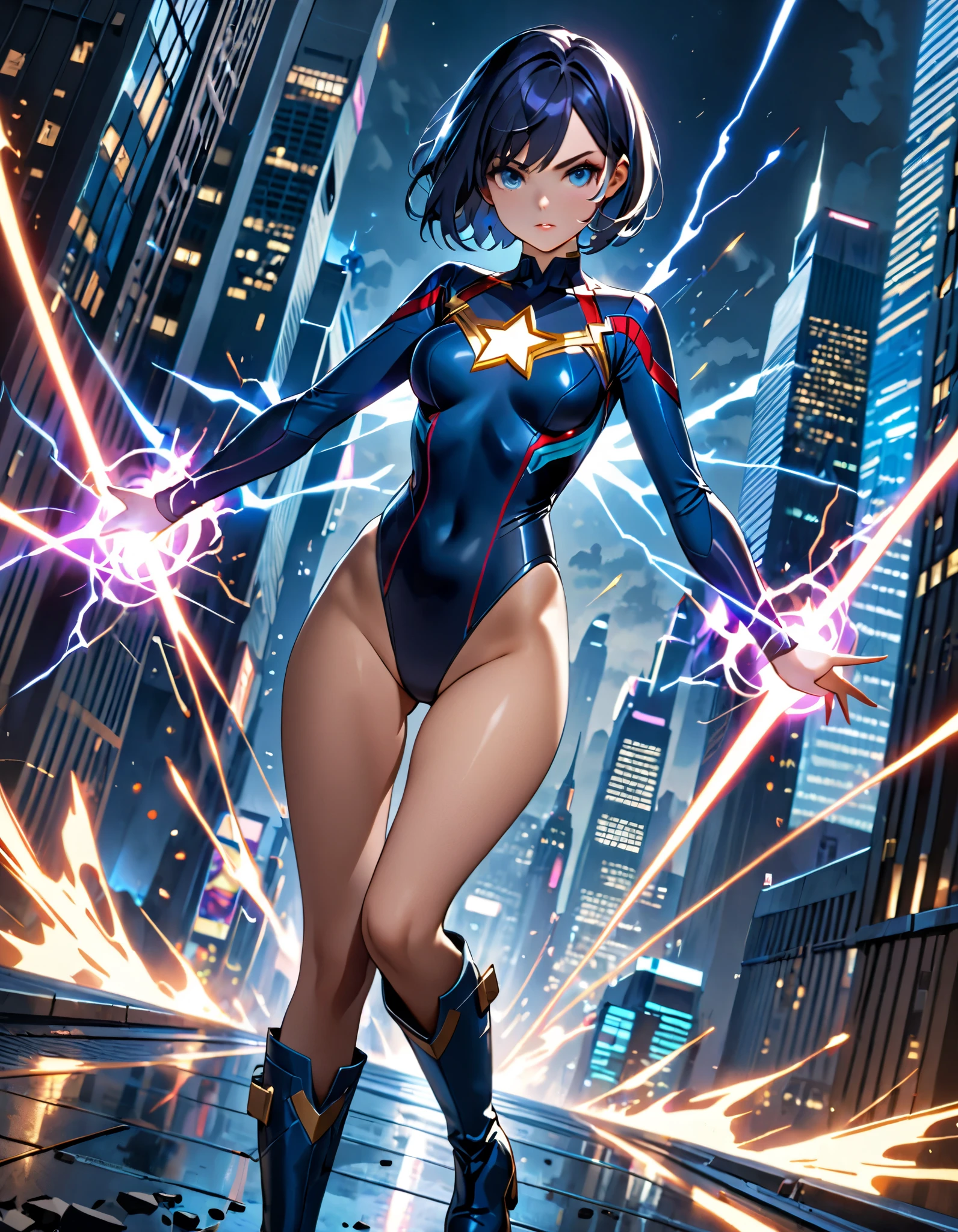 masterpiece, best quality, highres, 1girl, solo, superhero, leotard, bare legs, boots, matching boots, aura, blue aura, sleeveless, gloves, bracelets, matching gloves, looking at viewer, light particles, city backdrop, perfect hands, perfect eyes, powering up, perfect leotard, perfect legs, perfect arms,