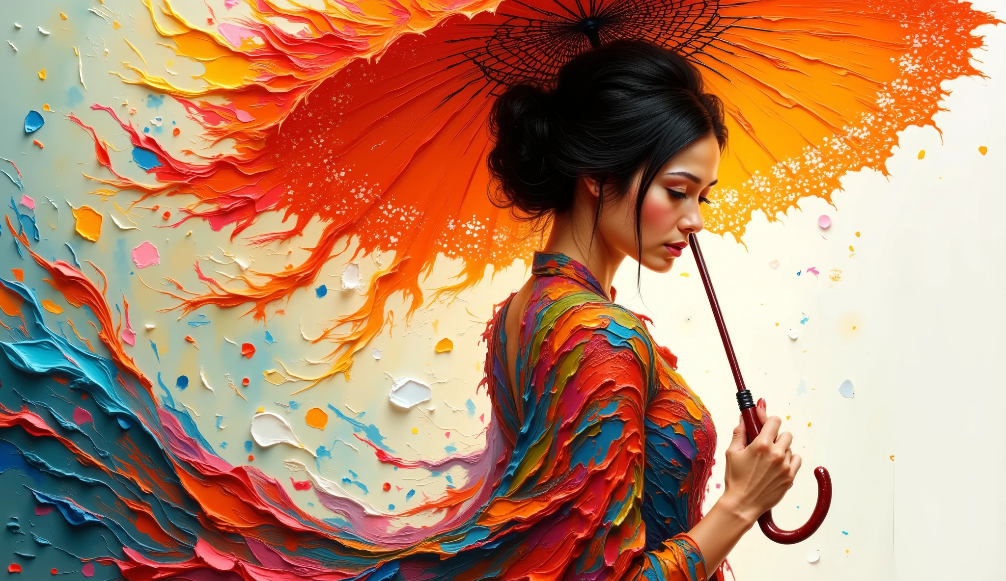 a digital illustration in the style of Loish, a modern woman in a dynamic floral dress bursting with poppy colors, oversized orange lace umbrella, abstract textured background, her expression confident and enigmatic, dramatic contrasting light creating a sense of movement --v 5 --stylize 1000