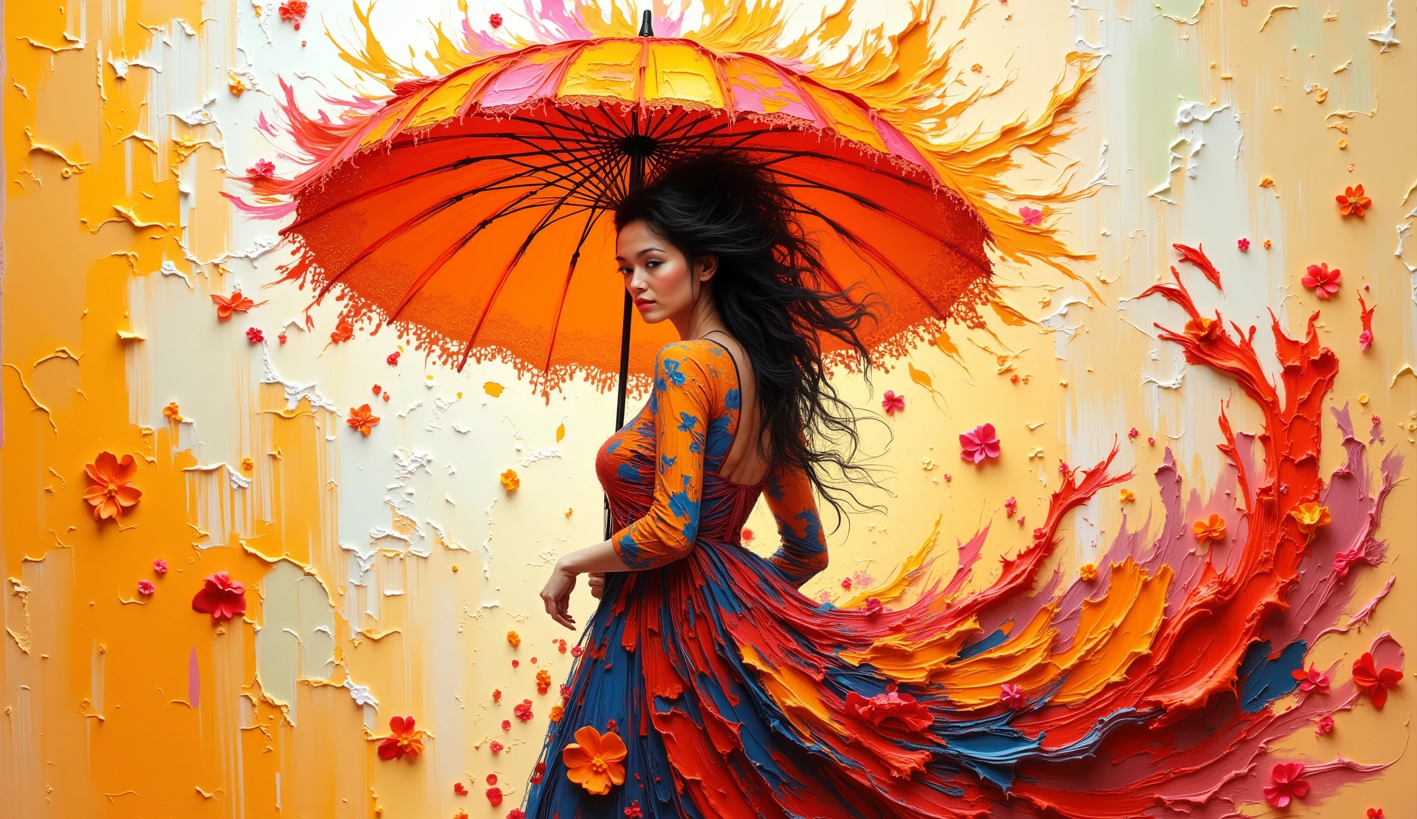  a digital illustration in the style of Loish, a modern woman in a dynamic floral dress bursting with poppy colors, oversized orange lace umbrella, abstract textured background, her expression confident and enigmatic, dramatic contrasting light creating a sense of movement --v 5 --stylize 1000