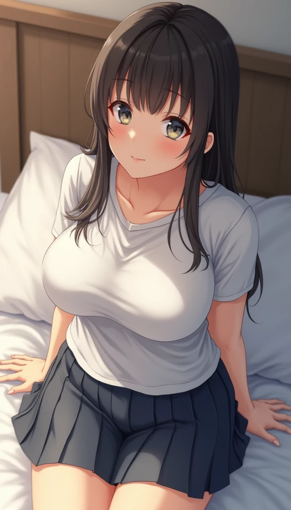 Show the whole body(flying debris,1 , alone,,Girl,Middle school students) (Fumika Kodama)low length,ponytail,Pink Ribbon,Spread your legs in bed,Big Breasts,Big Breasts,Big Breasts,Cleavage,Cleavageを見せる,Fully exposed breasts,Showing nipples,Pink nipples,uniform,Navy Blue Skirt