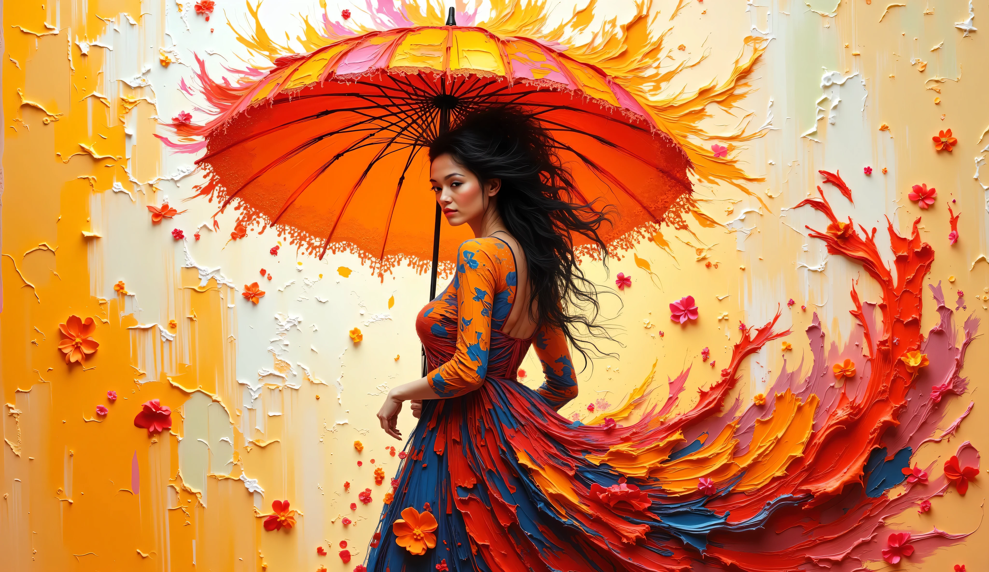 a digital illustration in the style of Loish, a modern woman in a dynamic floral dress bursting with poppy colors, oversized orange lace umbrella, abstract textured background, her expression confident and enigmatic, dramatic contrasting light creating a sense of movement --v 5 --stylize 1000
