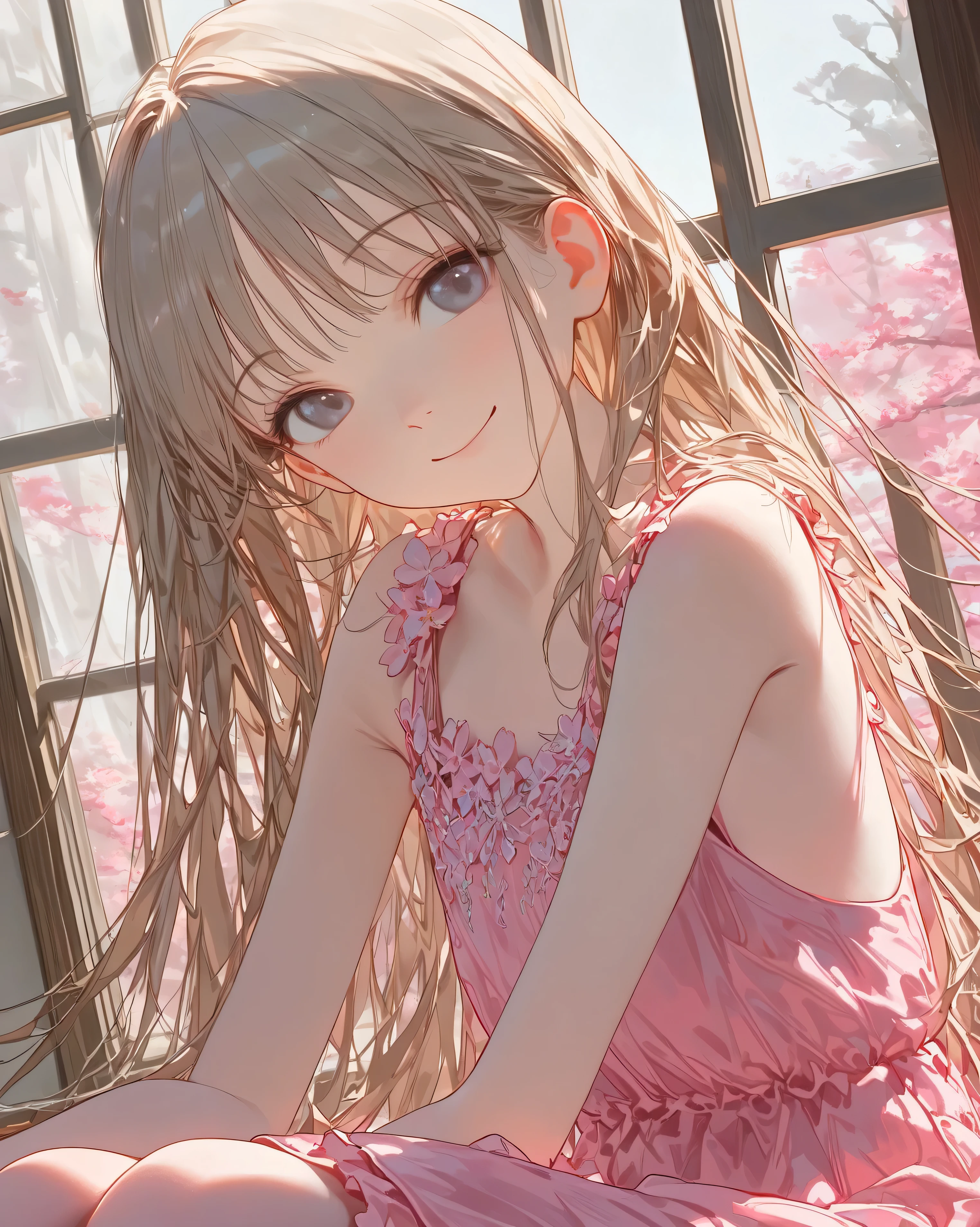 Beautiful girl with a smile、younger sister、cute、((pale tone))、close-up、((living:1.3))、The background is a window、 sit at the dining table、masterpiece, is anatomically correct, accurate, Multiple award-winning, highest quality, Details, High details, (((pink spring dress)))、(masterpiece, top quality, very beautiful、complicated、4K、 illustration ),(Smile lightly),(cute)、( attractive)、(Ethereal and beautiful),(head tilt),( slim),precise details, girl,alone,(Radiant and gentle girl)、beige long hair 、high definition, quality, very detailed, Ultra-fine, textured skin,  , high definition model, Fantastic、 pale vibe