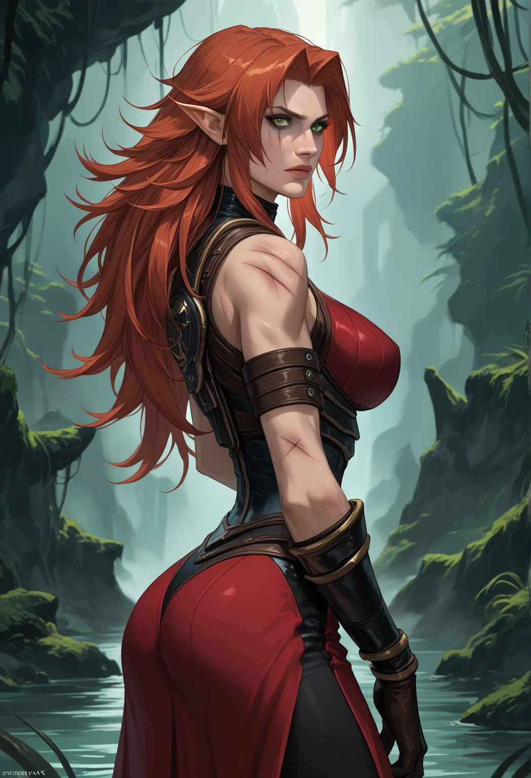 red hair,A faun female in the forest, satyr, woman, fantasy(masterpiece, best quality, photorealistic, detailed shiny skin:1.2), flawless, 8k, RAW, highres, (dark night:1.1), goat legs, furr legs, hooved, goat horns, beard, long black hair, looking at viewer, cinematic, dark background, medieval, muscles, open ches5, fantasy, (absurdes), attractive, long blonde hair, golden eyes, sexy,big  , cherry blossom,waterfall, forest, sun rays