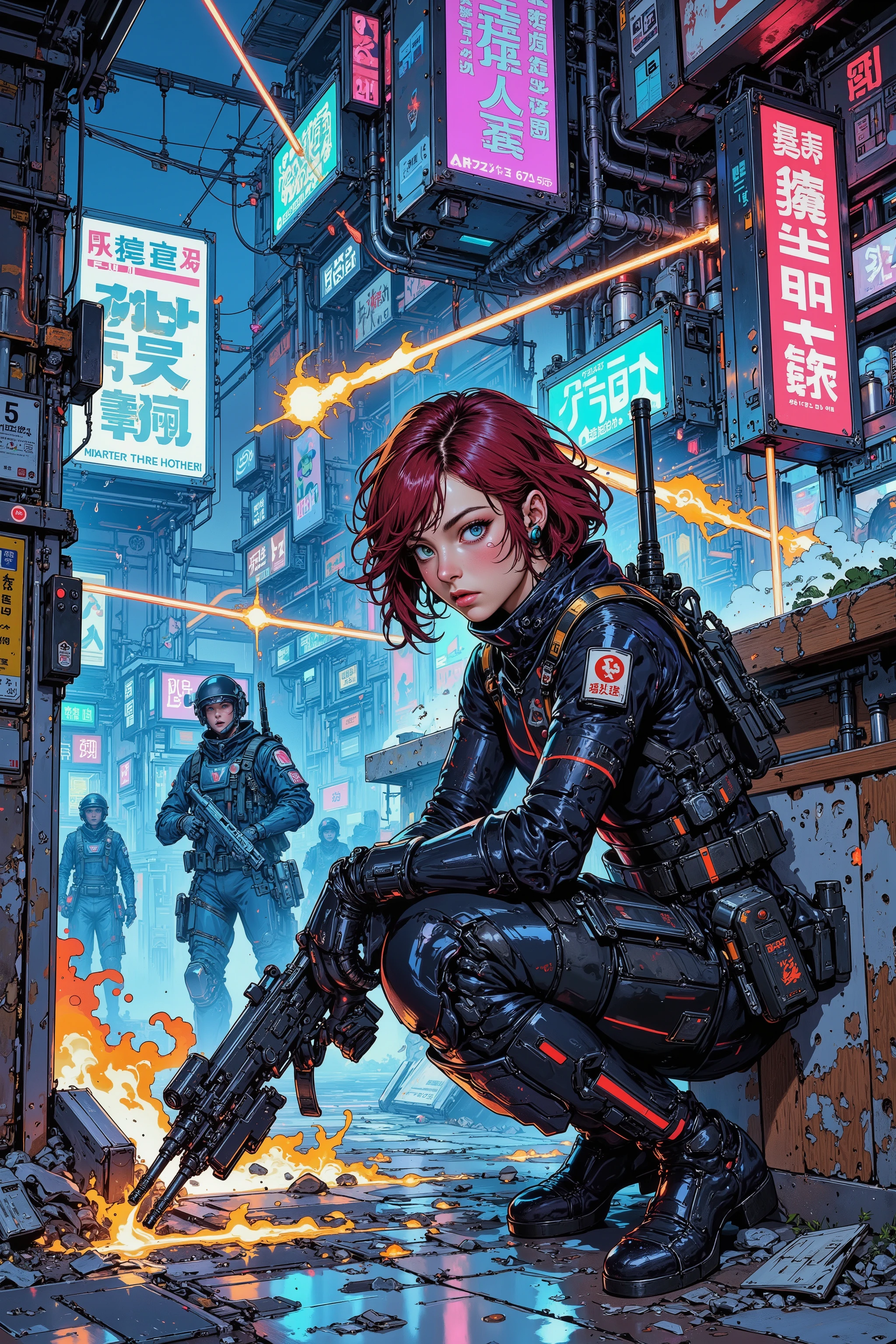 A high-resolution digital painting of a battle-hardened female soldier taking cover behind a damaged cyberpunk bar counter as glowing energy projectiles rip through the air around her. She crouches low, gripping her weapon tightly, her breath steady despite the chaos. Her sleek, form-fitting bodysuit is both tactical and flexible, reinforced with subtle armored plating that offers protection without sacrificing agility. Smooth lines and high-tech materials define her gear, blending functionality with futuristic military aesthetics.

Her piercing blue eyes scan the battlefield with sharp focus, framed by wavy, very short red hair that clings to her sweat-dampened skin. Her prominent aquiline nose and intense expression reflect years of combat experience, determination evident in every line of her face.

The background is a neon-drenched cyberpunk bar, now riddled with bullet holes, shattered glass, and flickering holographic advertisements. The vibrant blue, pink, and violet lights of the city pulse through the cracks in the ruined structure, casting a striking contrast against the burning debris and smoke rising from the firefight. The scene is drenched in cinematic lighting, emphasizing her poised yet battle-ready stance.

The art style is highly detailed digital painting, combining cyberpunk realism with dynamic sci-fi action. Expressive brushwork and sharp textures bring the intensity of the moment to life, capturing the blend of tactical precision, high-energy combat, and cyberpunk aesthetics in a gripping, immersive composition.