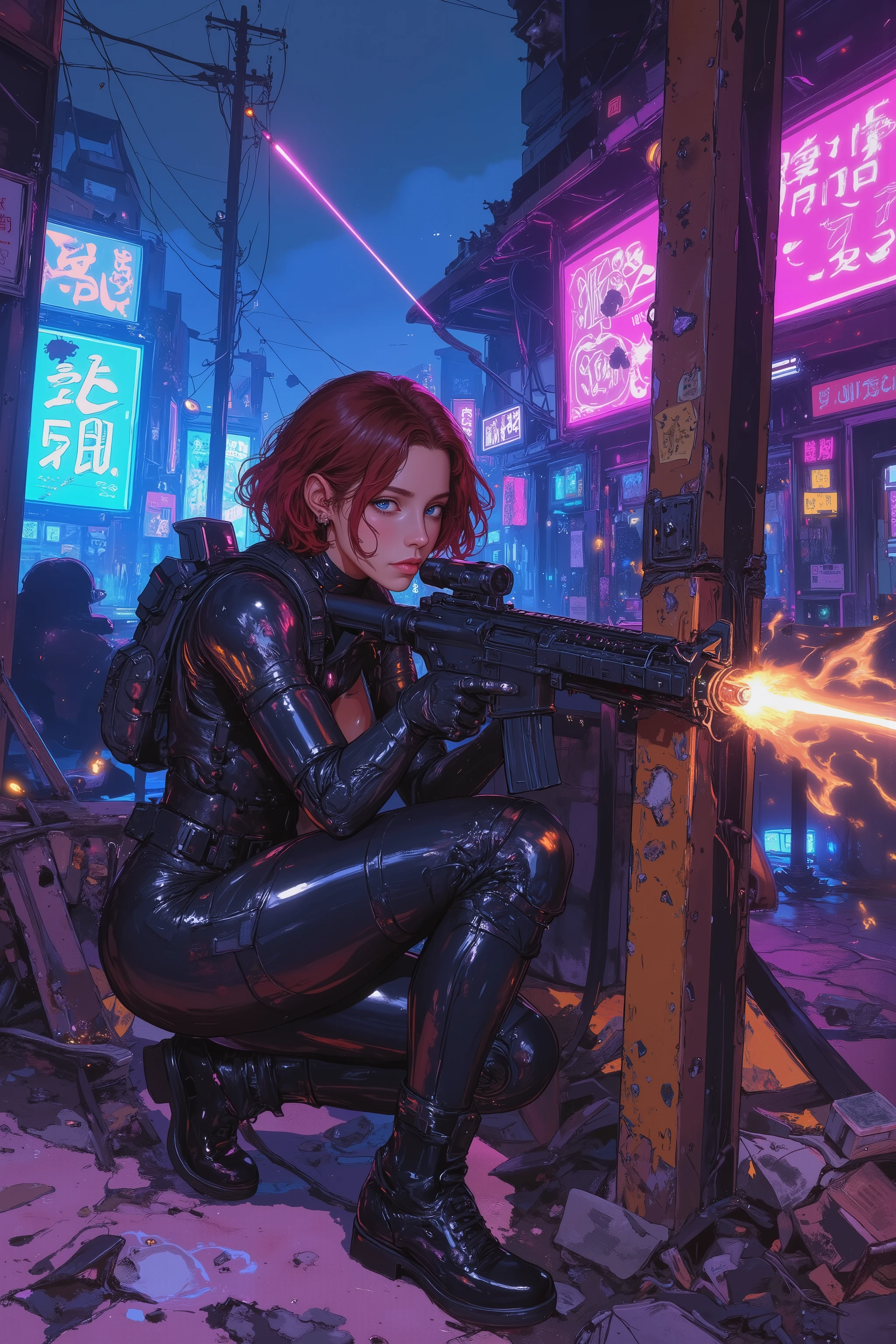 A high-resolution digital painting of a battle-hardened female soldier taking cover behind a damaged cyberpunk bar counter as glowing energy projectiles rip through the air around her. She crouches low, gripping her weapon tightly, her breath steady despite the chaos. Her sleek, form-fitting bodysuit is both tactical and flexible, reinforced with subtle armored plating that offers protection without sacrificing agility. Smooth lines and high-tech materials define her gear, blending functionality with futuristic military aesthetics.
Her piercing blue eyes scan the battlefield with sharp focus, framed by wavy, very short red hair that clings to her sweat-dampened skin. Her prominent aquiline nose and intense expression reflect years of combat experience, determination evident in every line of her face.
The background is a neon-drenched cyberpunk bar, now riddled with bullet holes, shattered glass, and flickering holographic advertisements. The vibrant blue, pink, and violet lights of the city pulse through the cracks in the ruined structure, casting a striking contrast against the burning debris and smoke rising from the firefight. The scene is drenched in cinematic lighting, emphasizing her poised yet battle-ready stance.
The art style is highly detailed digital painting, combining cyberpunk realism with dynamic sci-fi action. Expressive brushwork and sharp textures bring the intensity of the moment to life, capturing the blend of tactical precision, high-energy combat, and cyberpunk aesthetics in a gripping, immersive composition.