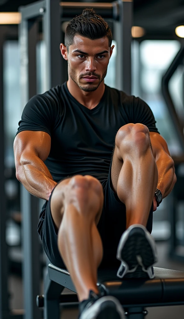 8k high resolution,detailded face,detailed bpdy,perfect body,ultra high quality,1 boy, sleeveless shirt,arms up with dumbell, sweating, smile face, grey eyes, fitness pose, fuul body, wearing black trousers, smilling face