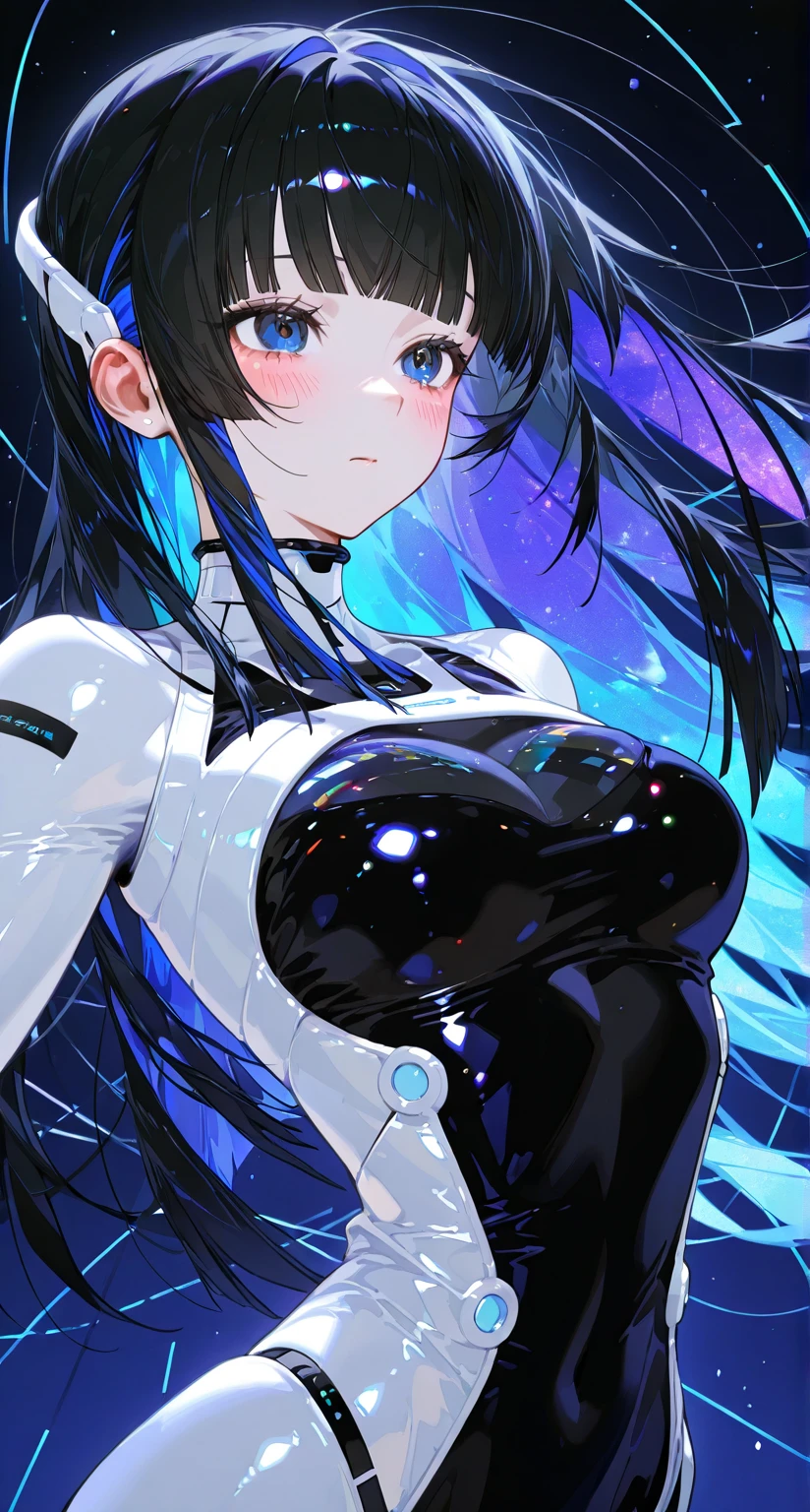 an anime girl in a very revealing and tight space suit with her nipples and vagina visible in a compromising position with a dark-furred pet cat floating next to her in space while it rains The girl has long black hair, and his eyes are a bright blue. The spacesuit is a metallic black color and has silver and blue details. The cat has bright eyes and appears to be looking into the distance, like he was exploring the cosmos together with the girl