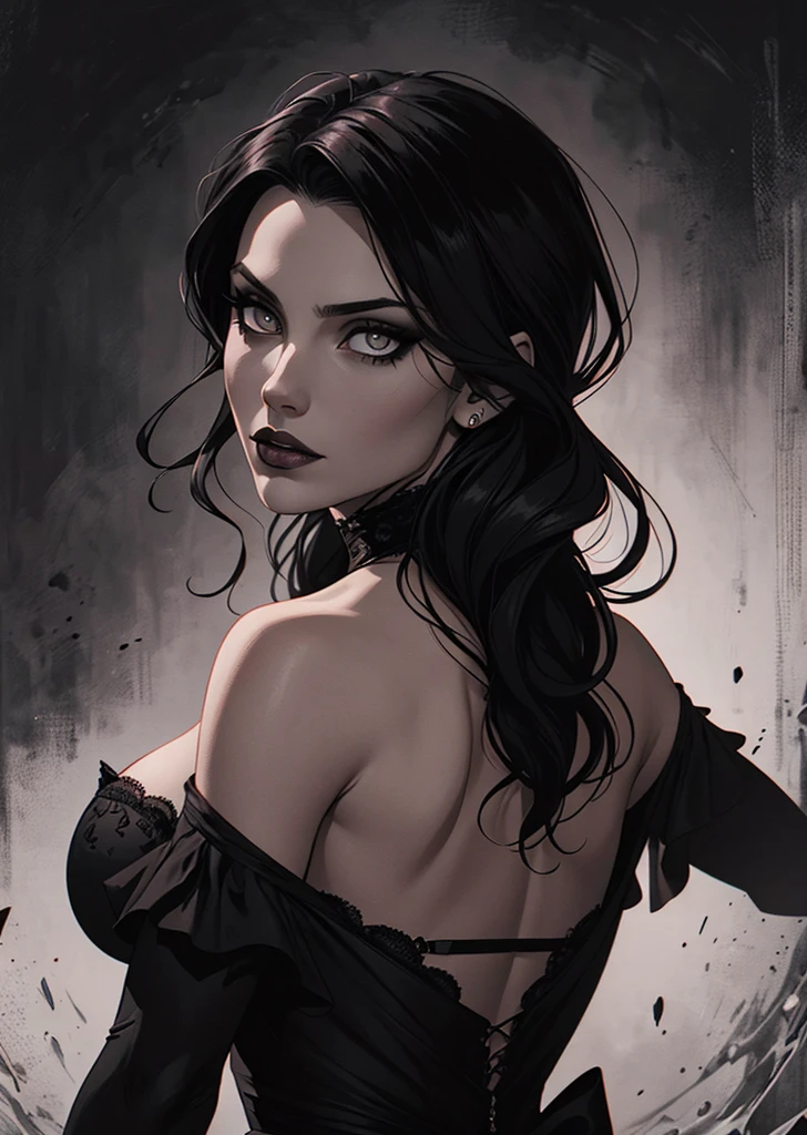 pen_sketch_style, 1girl, solo, ink, detailed face, puffy lips, gothic make up, beautiful woman, sketch, gigantic breasts, frilled dress, cleavage, seductive smile