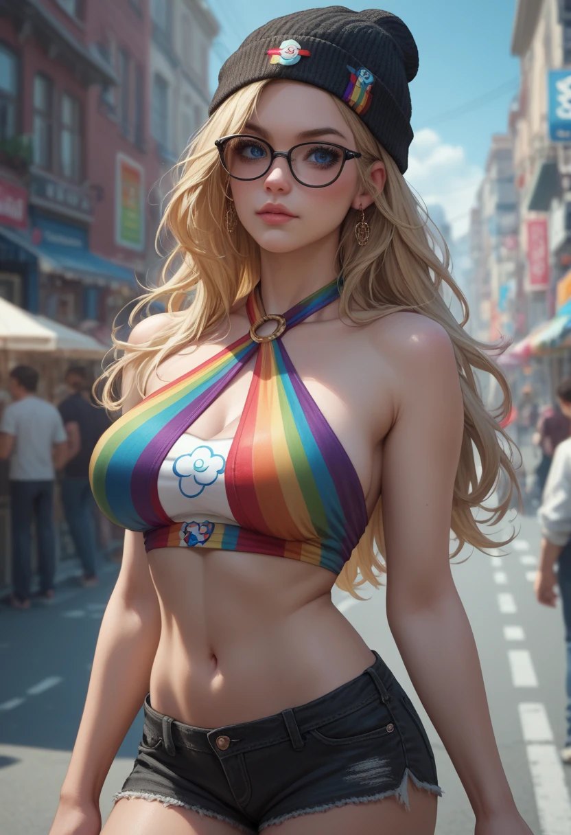 Foto de una mujer , Underboob, 8k UHD, Recortar arriba, vaqueros, DSLR, alta calidad, (senos falsos), (Calle llena de gente:1.1), escote, Gafas de sol, tanga