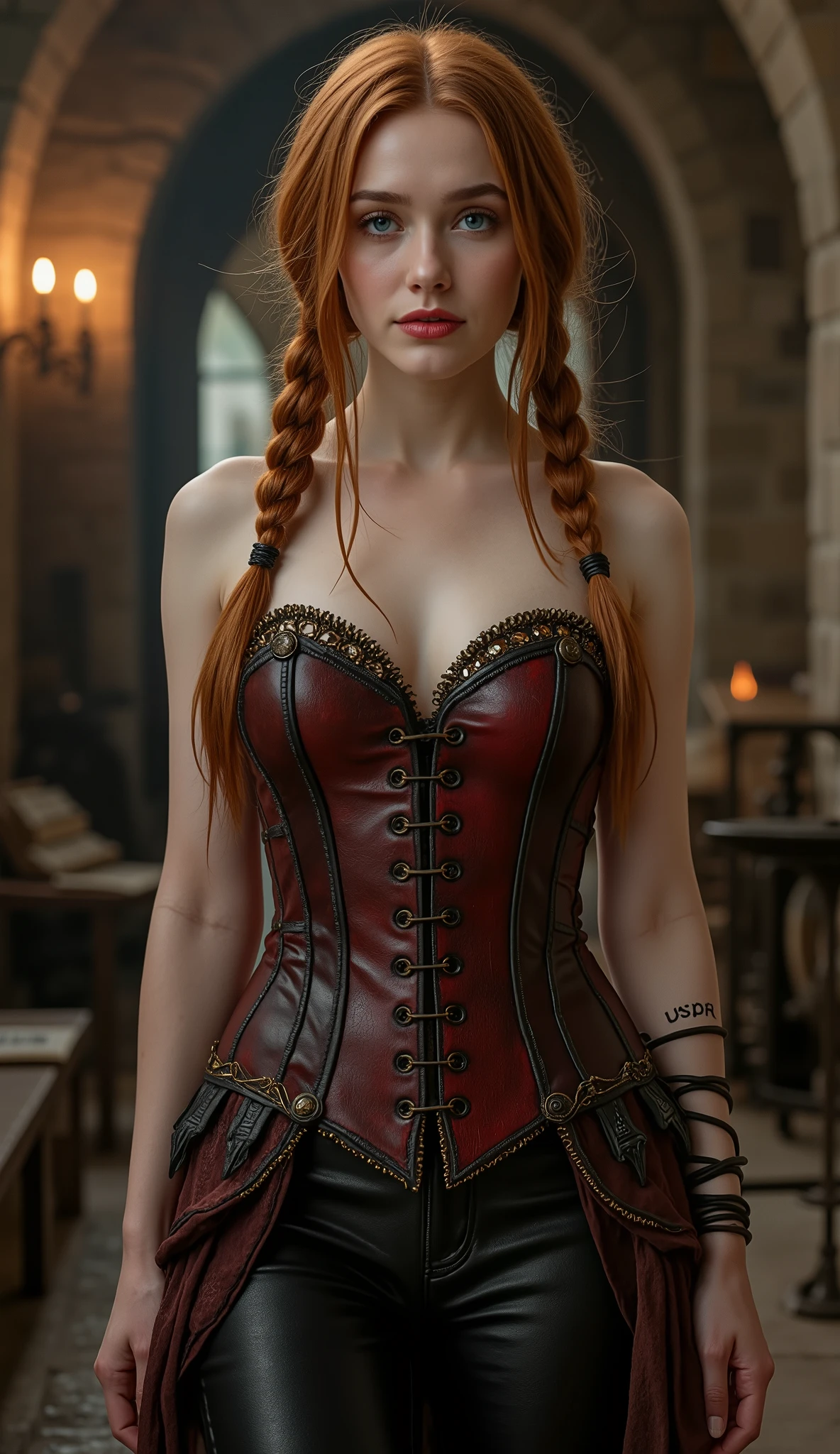 🌟 quality & silent:
award-winning photo , 8k, masterpiece, hyperrealistic, ultra high resolution, very detailed, soft lighting, SLR lighting, SLR camera , Fujifilm XT3, film grain, Sharp concentration, perfect lighting, dark fantasy art.
🌌 Scene & background:
A medieval verse Lie with gloomy lighting, weak candlelight and broken stone walls. scattered old books, broken scientific instruments and torture tools are lying around. The atmosphere is dramatic and exciting.
😈 model & Styling:
A young redhead with long twin braids, blasser, porcelain-white skin, almond-shaped blue eyes and red lips. She is thin with small breasts and wears a leather corset with crimson and gold details, leather pants and long boots with thin heels.
🔥 Pose & Mood:
She stands or walks through the dungeon, her body shows her wide hips, Her perfect, tight butt and full thighs. Her facial expression is a sensual look with a perverse smile, as she moves through the room. Die Mood ist dramatisch, emotionally charged and full of tension.
💋 Brief summary 💋
"A young redhead with long ponytail hair and pale skin stands or walks in a medieval dungeon. She is wearing a leather corset with crimson and gold details, leather pants and long boots with thin heels. Die Scene ist hyperrealistic, hochdetailliert und in 8k-quality, with a dramatic, horror-like atmosphere."