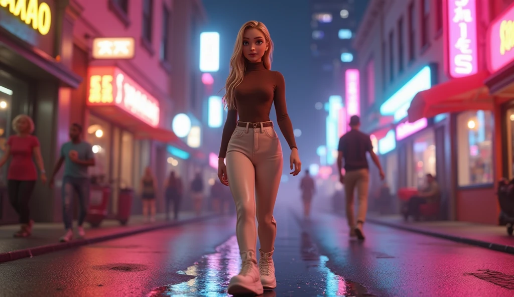 gorgeous 18 year old with wavy blond hair detailed alluring eyes d-cup breasts, Thigh gap long sexy legs wearing tiny shorts tshirt laughing in beautiful futuristic cyberpunk+ city, mist, wet, raining, best quality masterpiece, photorealistic, detailed, 8k, HDR, shallow depth of field, broad light, high contrast,