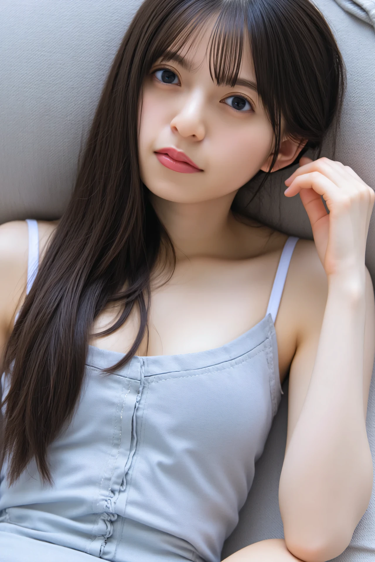 ((( high definition , top quality, very detailed, masterpiece , high-definition detailed photos , realistic , Real people々 , Super precise skin ))) , , ( from before ) , Full Body , Pre-shot , viewer , ( Dull face ) , { wear a sports bra and denim shorts : 1.8 } , black hair , medium hair , medium breasts , { is lying on her back, from the side : 1.8 } , dark time at dawn , (( keep your hair behind your ears : 1.8)) , { nsfw },