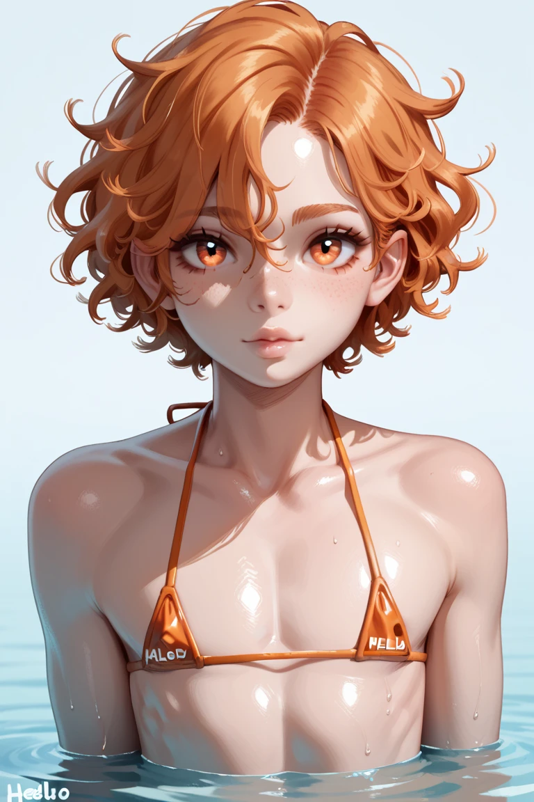 8k, masterpiece, best quality, realistic, highly detailed, cowboy shot, 1girl, erotic , solo, serious looking girl, medium-length hair, expressive, reddish-orange hair, a pair of star-shaped hairpins near both of her eyes, dark blue eyes, average height, well shaped erotic figure, glasses, cute, sexy micro lingerie