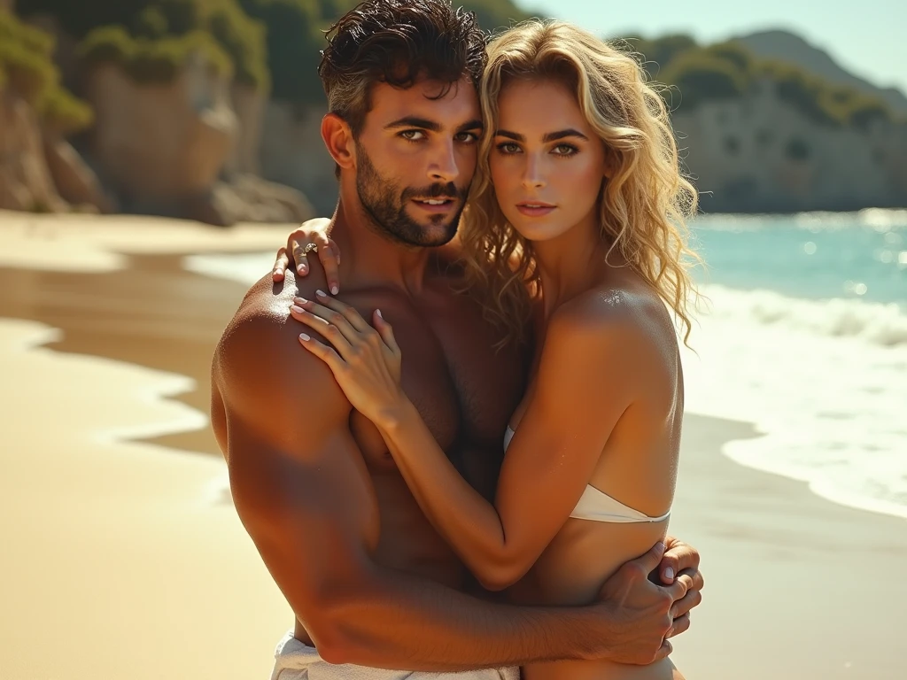 Strong man in white underwear with volume on a Pedra Furada beach in Jericoacoara. With a smile on his face, light brown eyes. With a thin gold chain with a cross pendant. With a wet appearance on the body. A white swim brief with volume and Consider the whole scenario informed. Show the holed rock on Jericoacoara beach in the background.
Kissing another short, skinny guy.