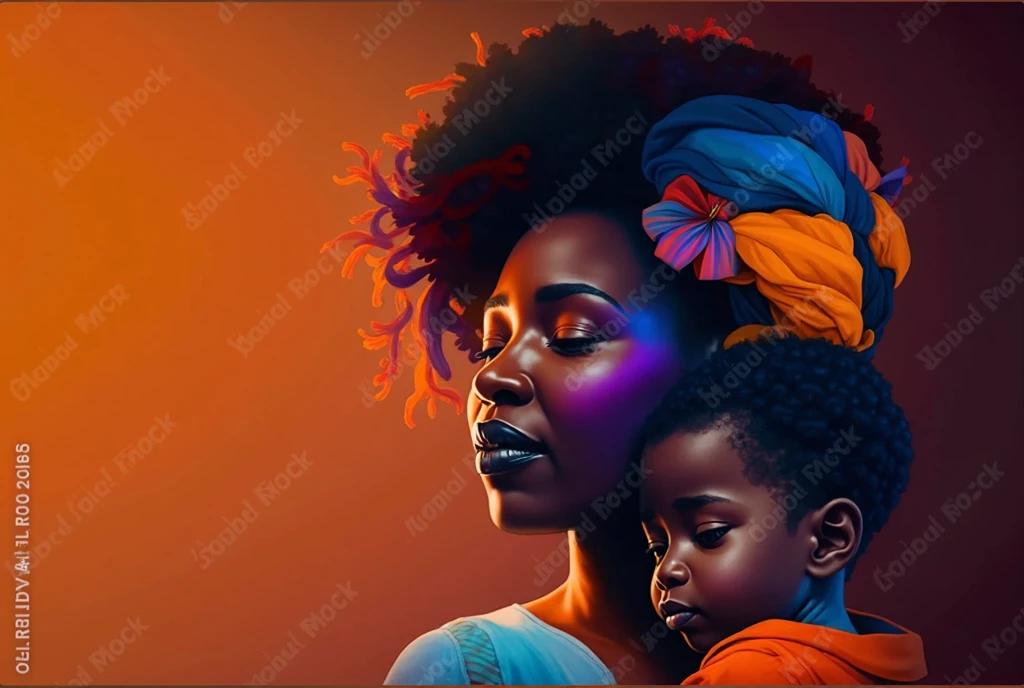 Drawing of a tall, thin Black woman with short curly hair.
She is holding a Black baby on her head.
The image is in color.